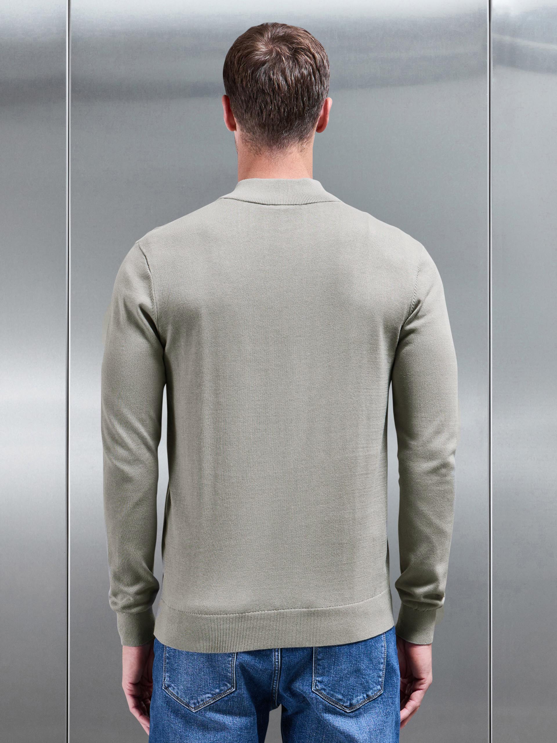 Cotton Knitted Half Zip Funnel Neck Jumper in Light Sage