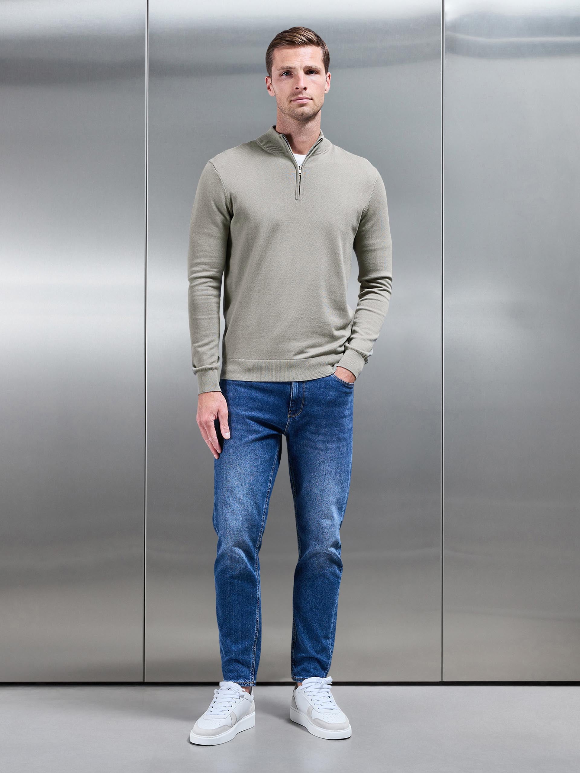 Cotton Knitted Half Zip Funnel Neck Jumper in Light Sage