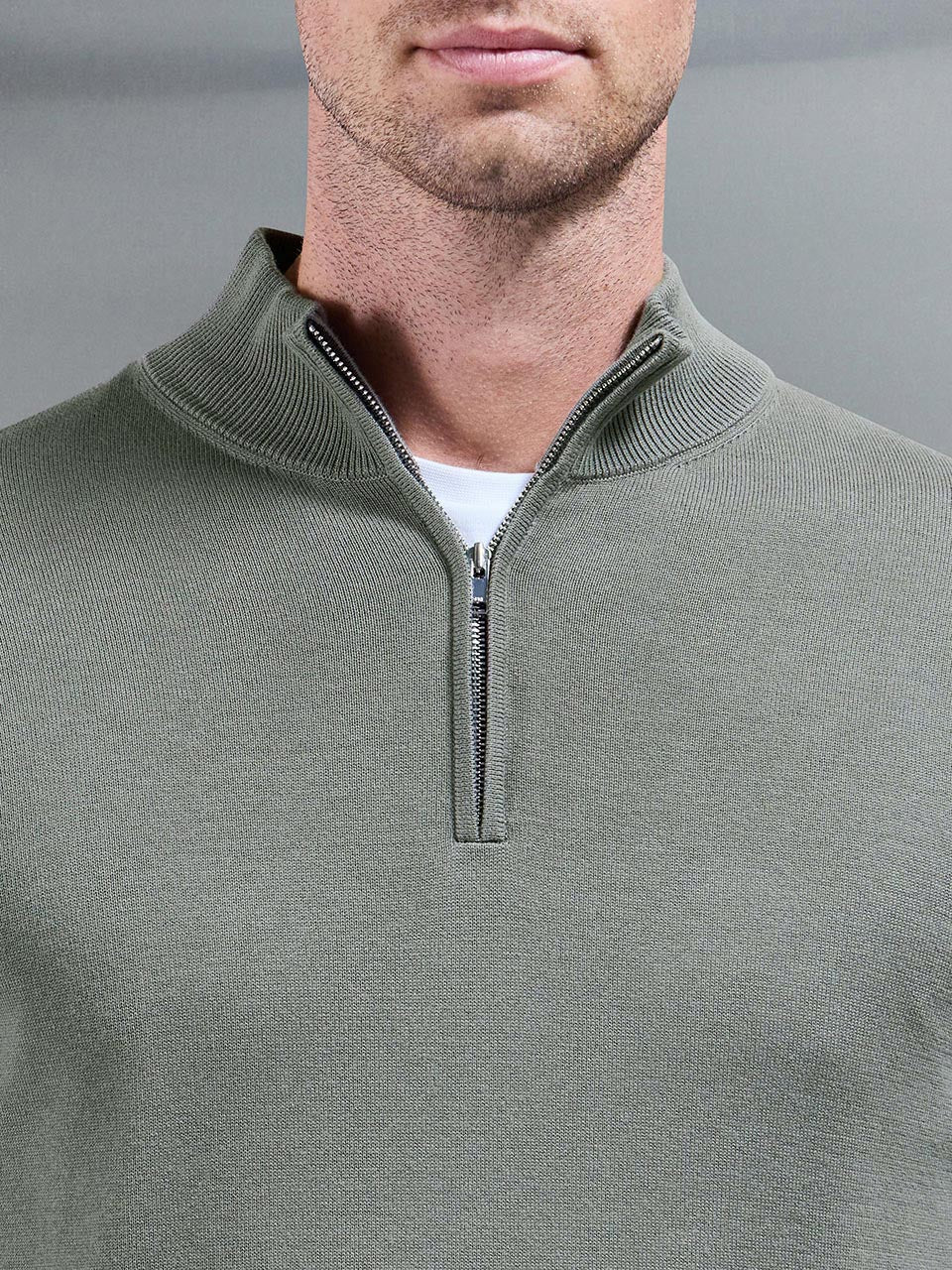 Cotton Knitted Half Zip Funnel Neck Jumper in Sage