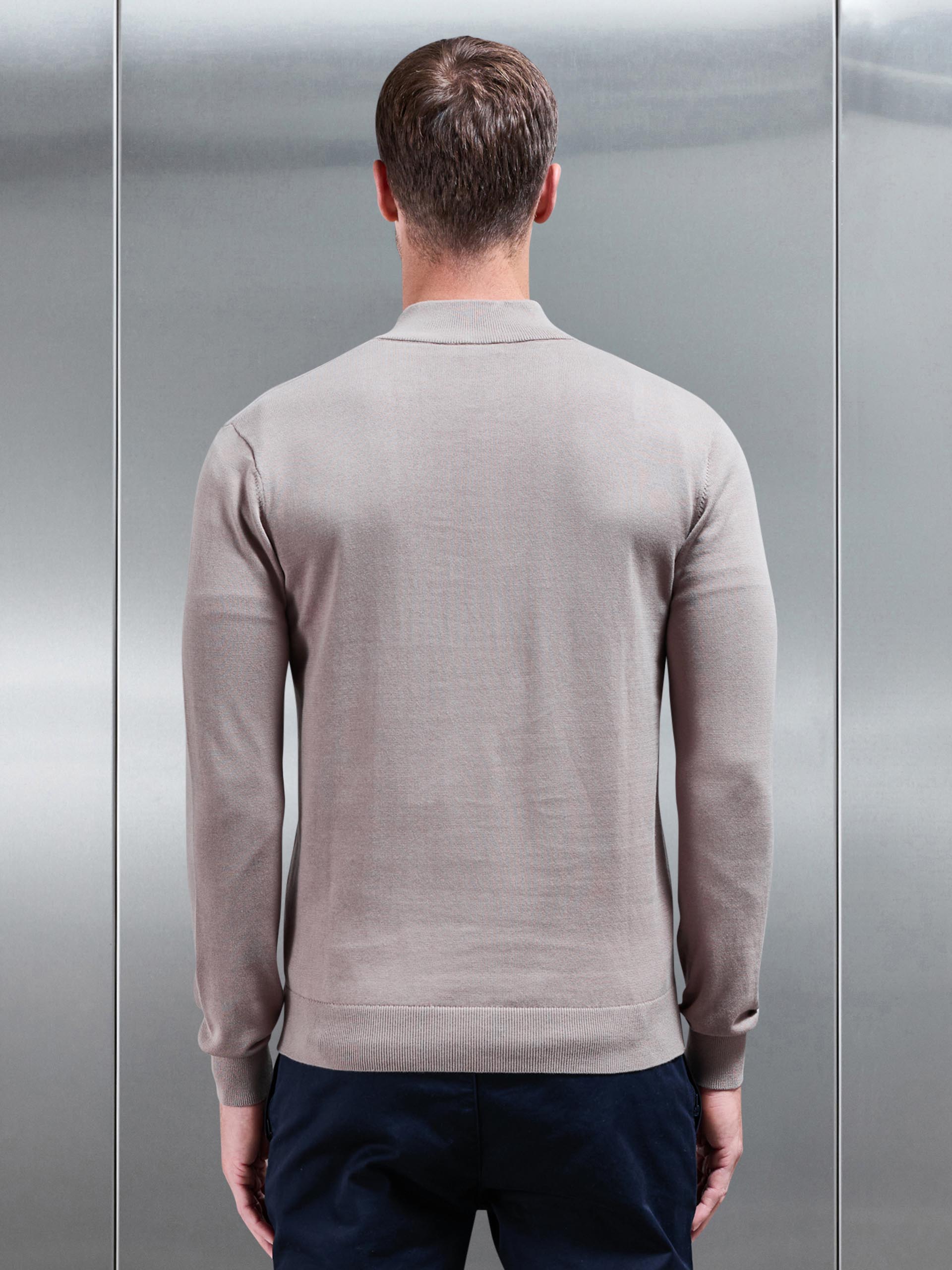 Cotton Knitted Half Zip Funnel Neck Jumper in Taupe