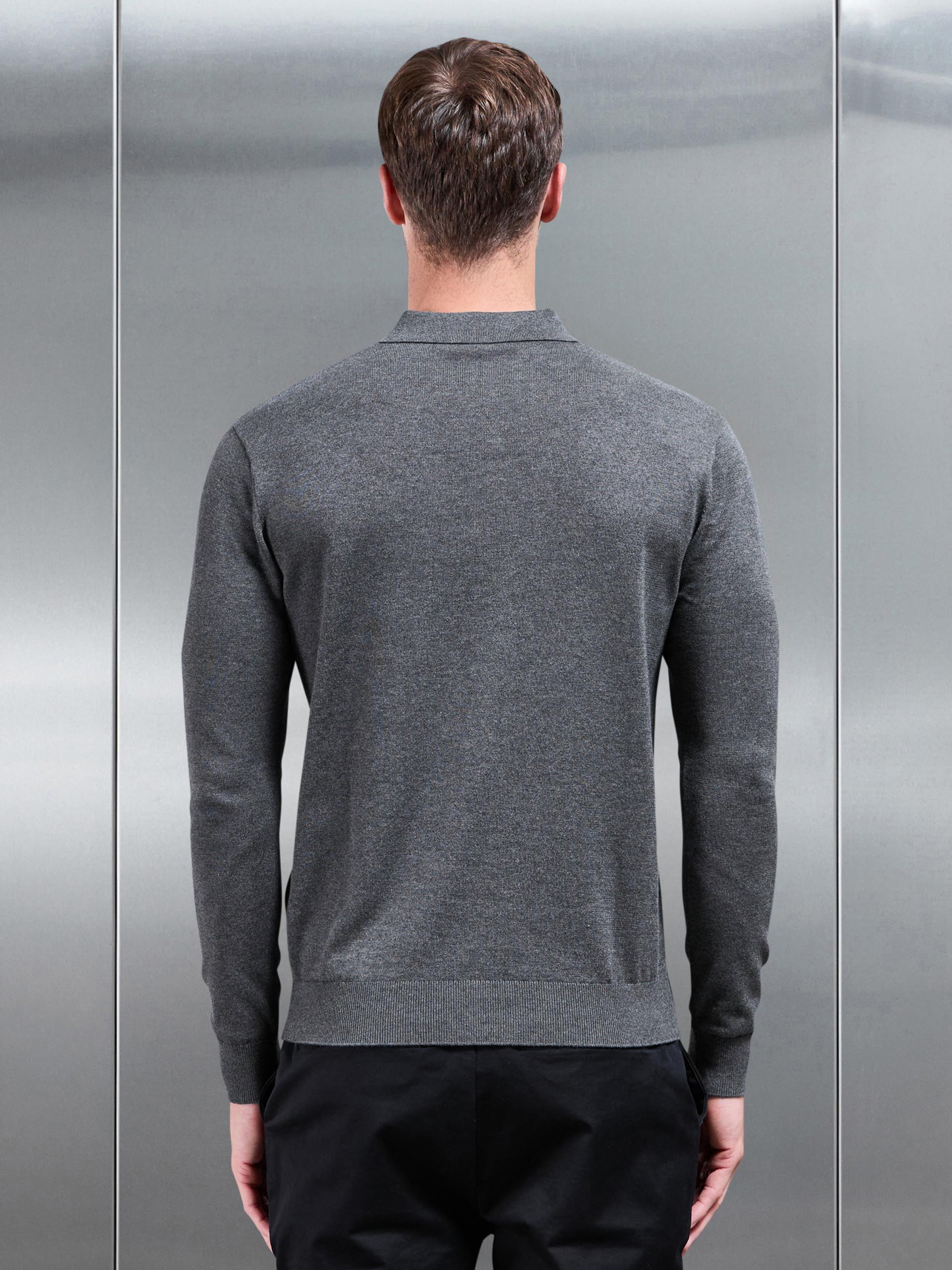 Cotton Knitted Long Sleeve Button Polo Shirt in Charcoal Marl