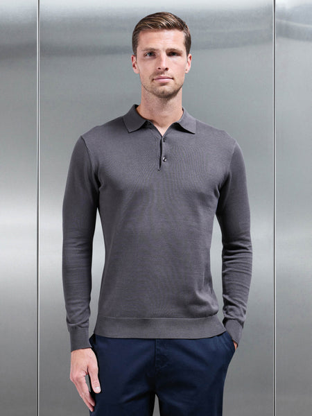 Cotton Knitted Long Sleeve Button Polo Shirt in Grey