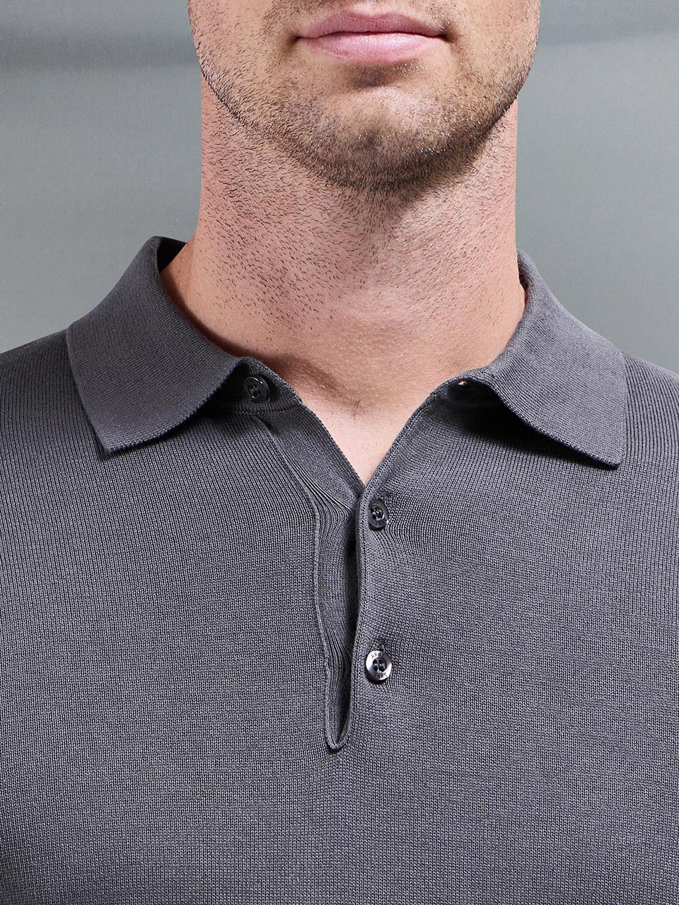 Cotton Knitted Long Sleeve Button Polo Shirt in Grey