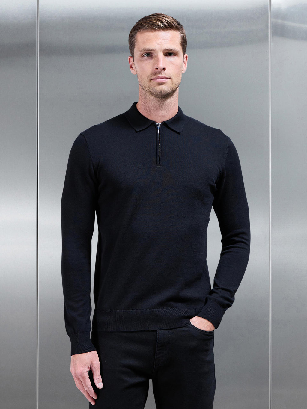 Cotton Knitted Long Sleeve Half Zip Polo Shirt in Black