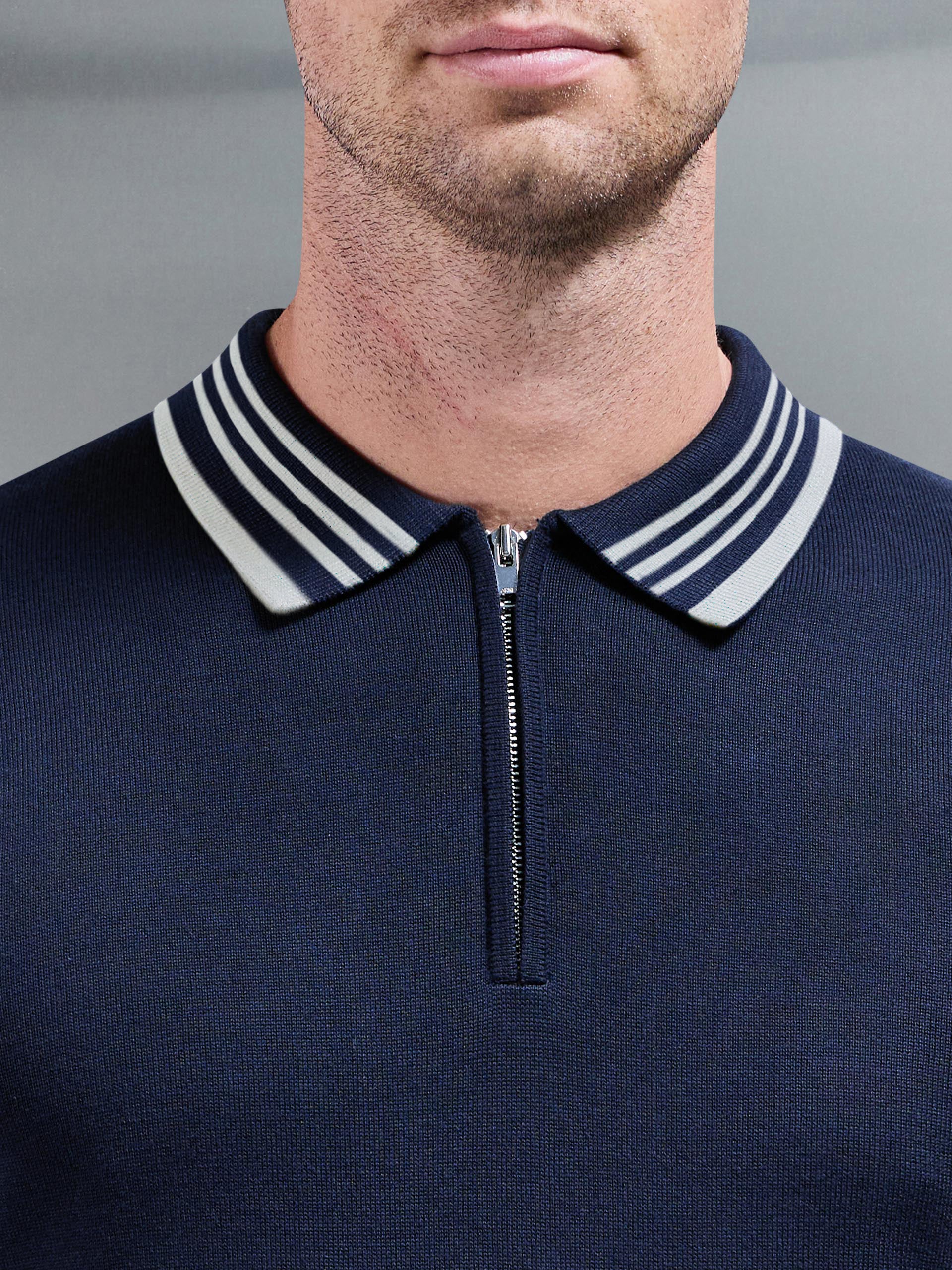 Tipped Knitted Polo Shirt in Navy Stone