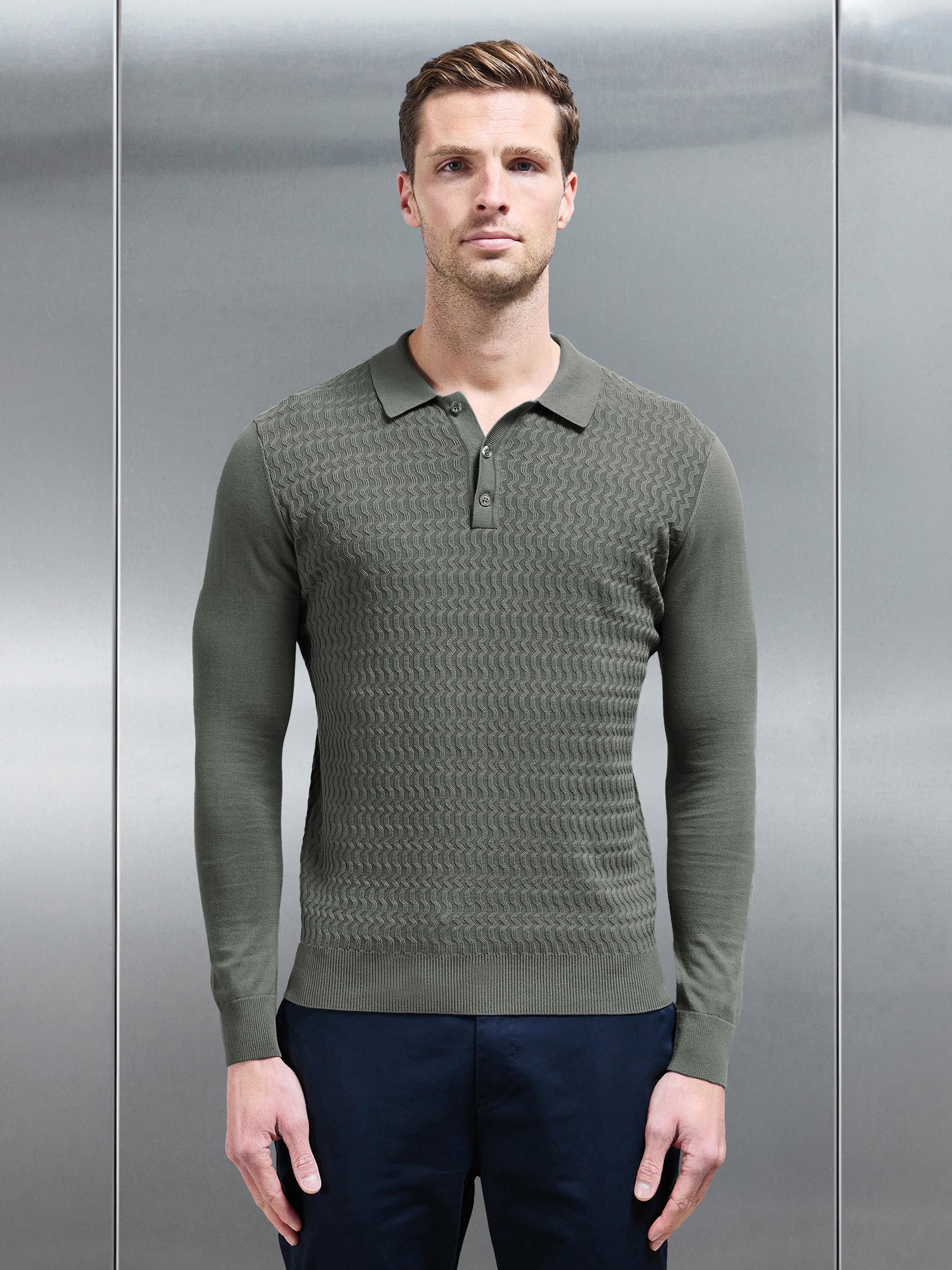 Cotton Knitted Long Sleeve Textured Polo Shirt in Sage