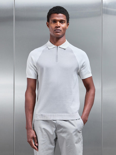 Cotton Knitted Raglan Colour Block Zip Polo Shirt in Mid Grey