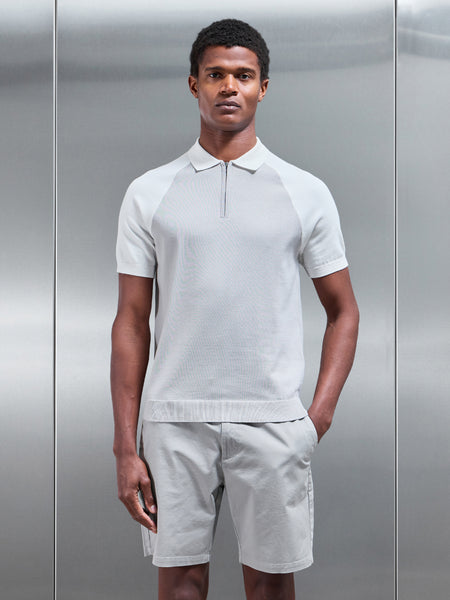 Cotton Knitted Raglan Colour Block Zip Polo Shirt in Mid Grey
