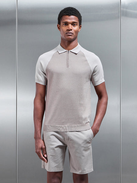 Cotton Knitted Raglan Colour Block Zip Polo Shirt in Stone