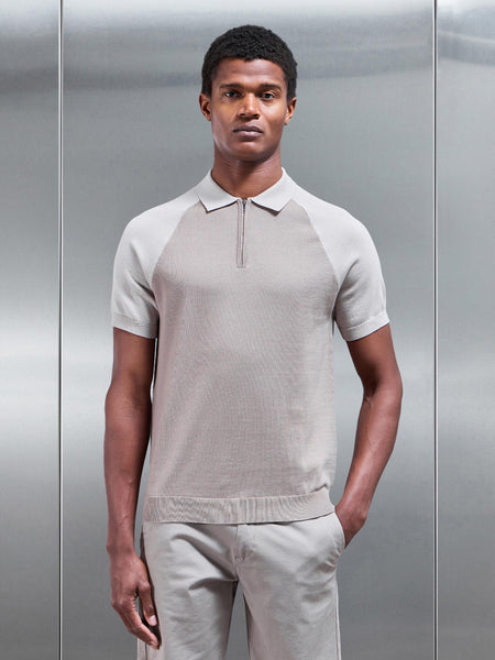 Cotton Knitted Raglan Colour Block Zip Polo Shirt in Stone