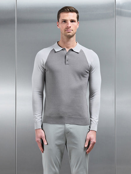 Cotton Knitted Raglan Polo Shirt in Grey