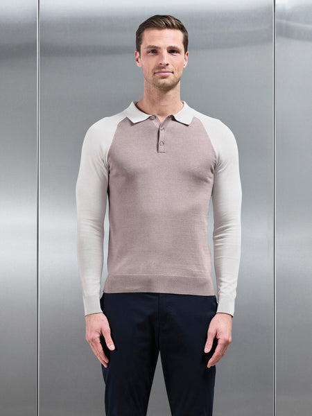 Cotton Knitted Raglan Polo Shirt in Stone