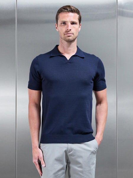 Cotton Knitted Revere Collar Polo Shirt in Navy