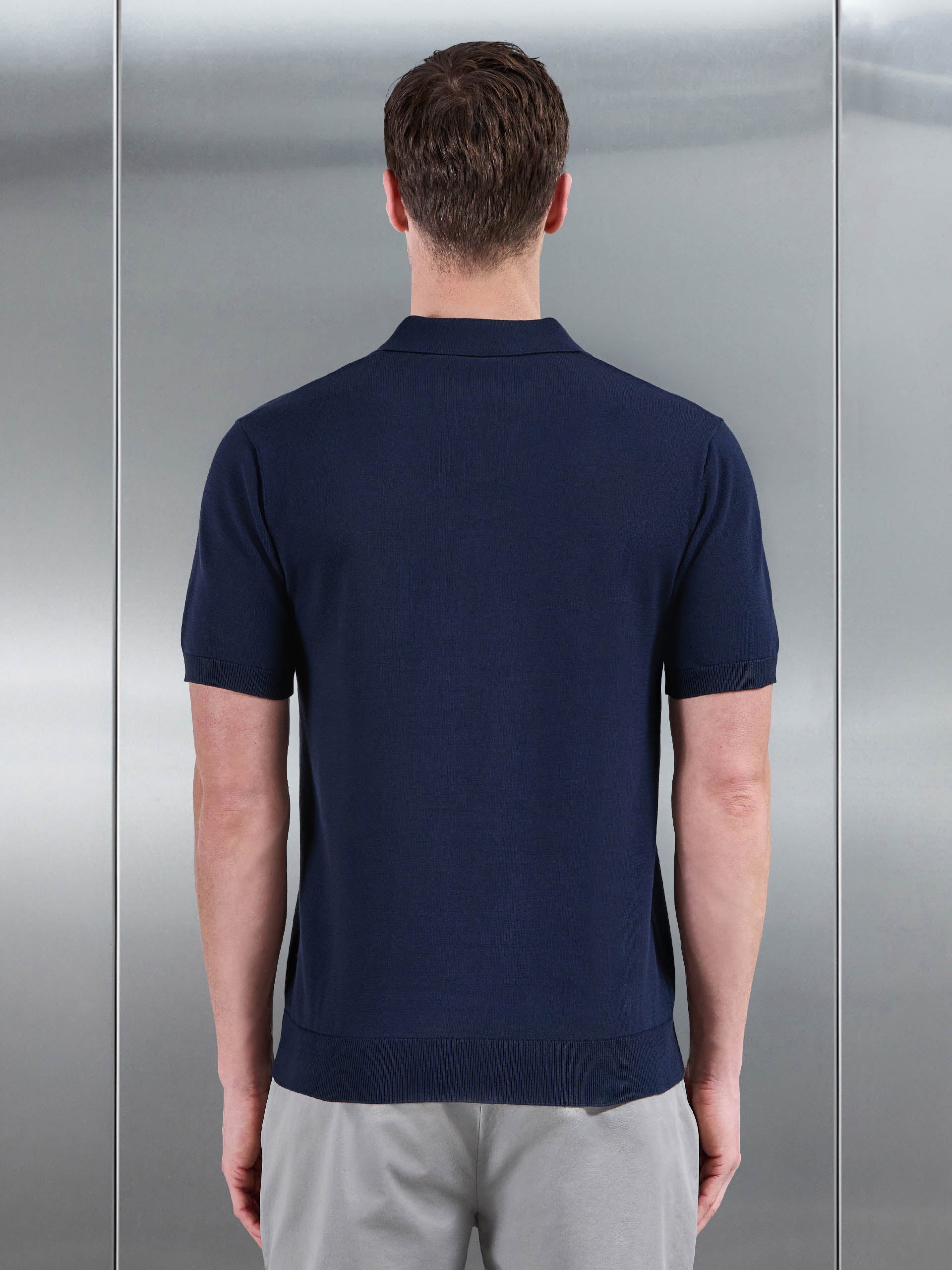 Cotton Knitted Revere Collar Polo Shirt in Navy