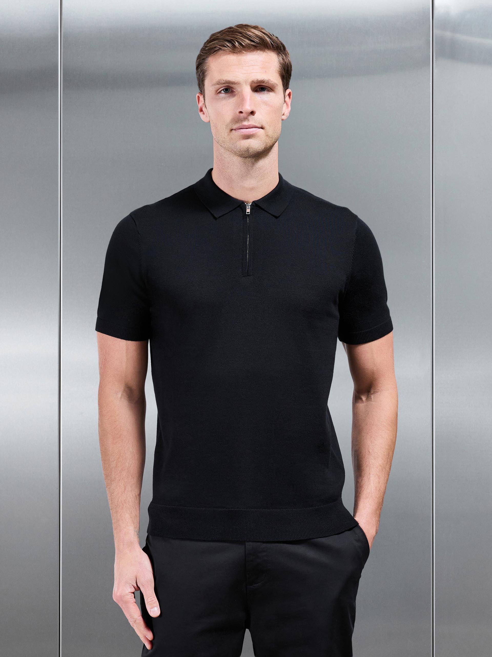Cotton Knitted Zip Polo Shirt in Black