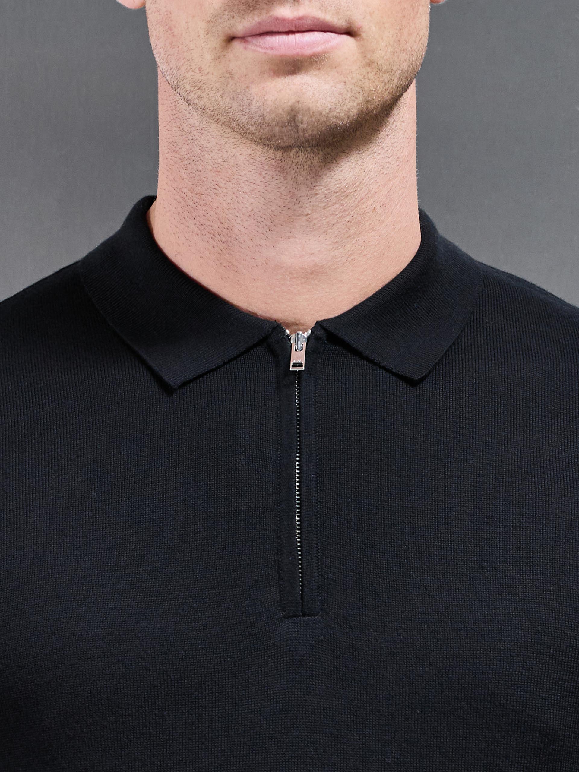 Cotton Knitted Zip Polo Shirt in Black