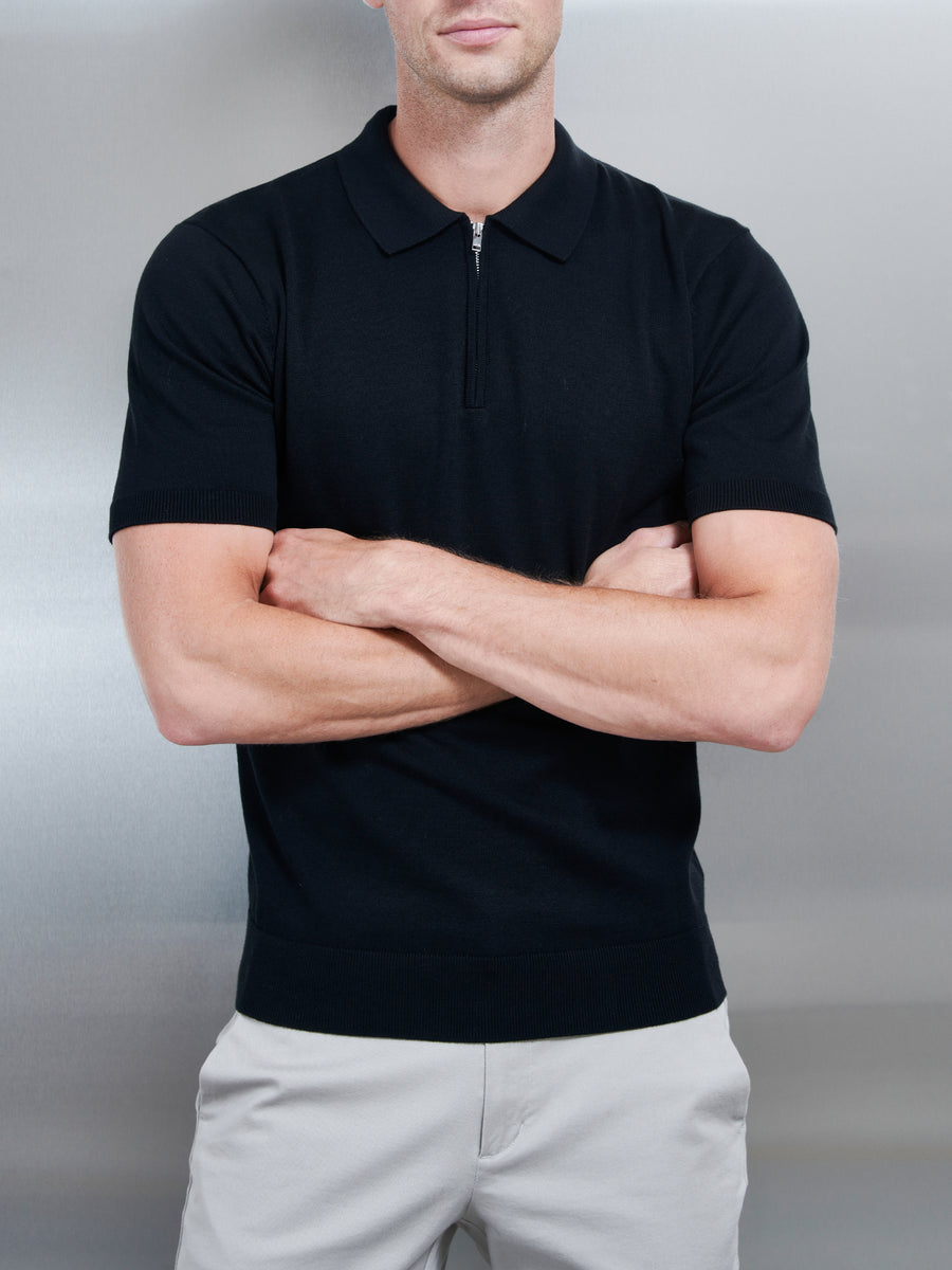 Cotton Knitted Zip Polo Shirt in Black