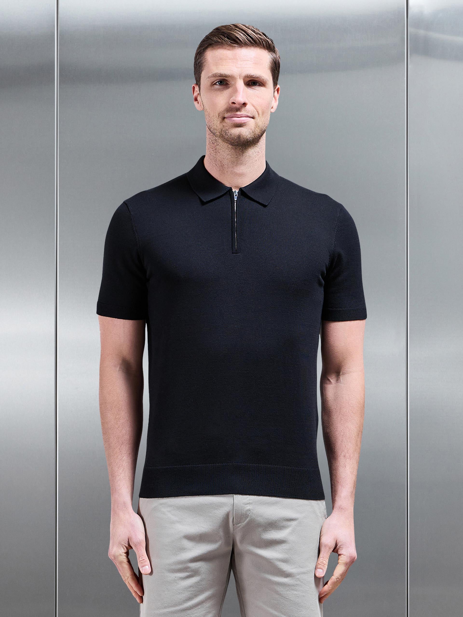 Cotton Knitted Zip Polo Shirt in Black