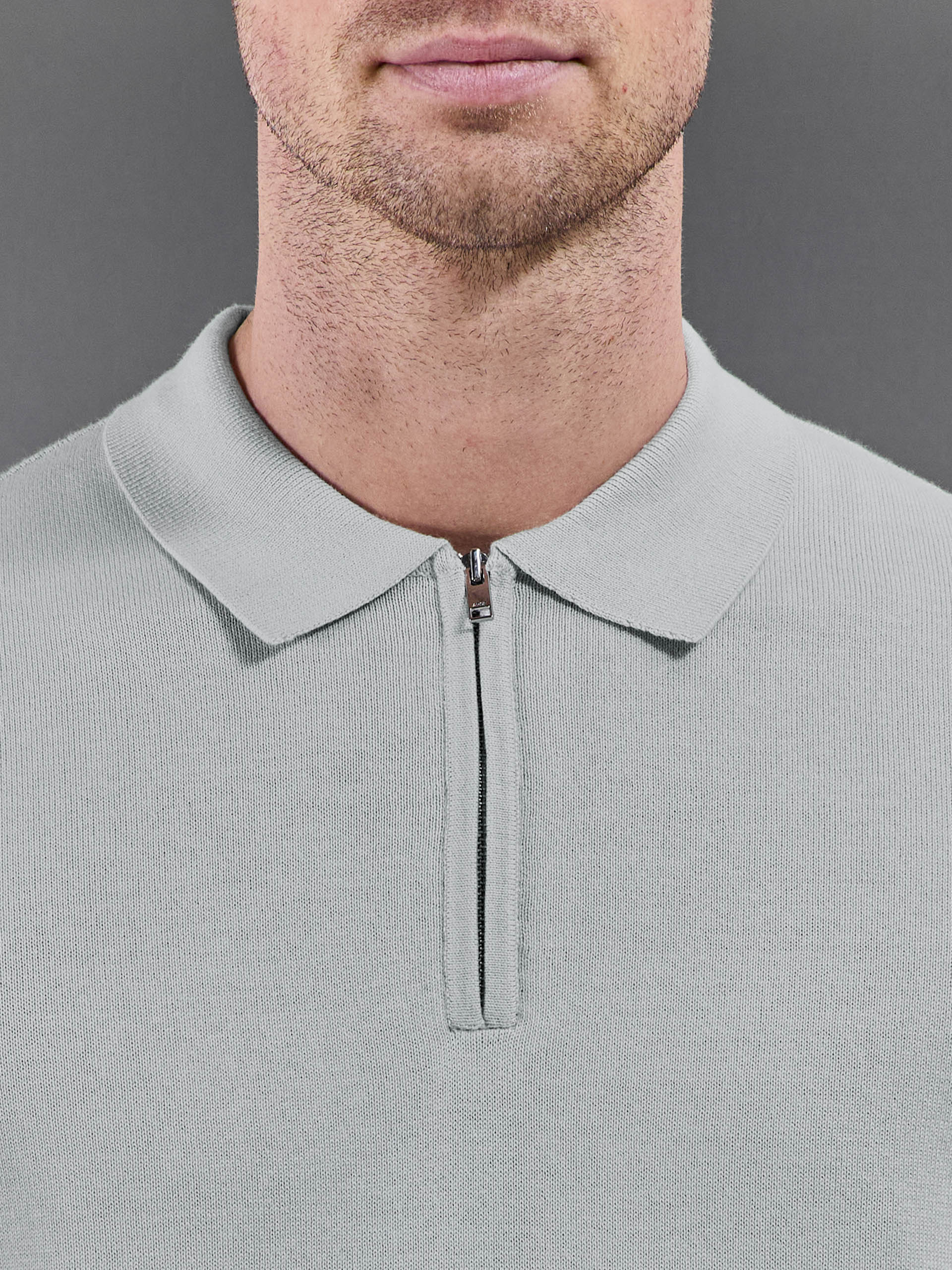 Cotton Knitted Zip Polo Shirt in Mid Grey