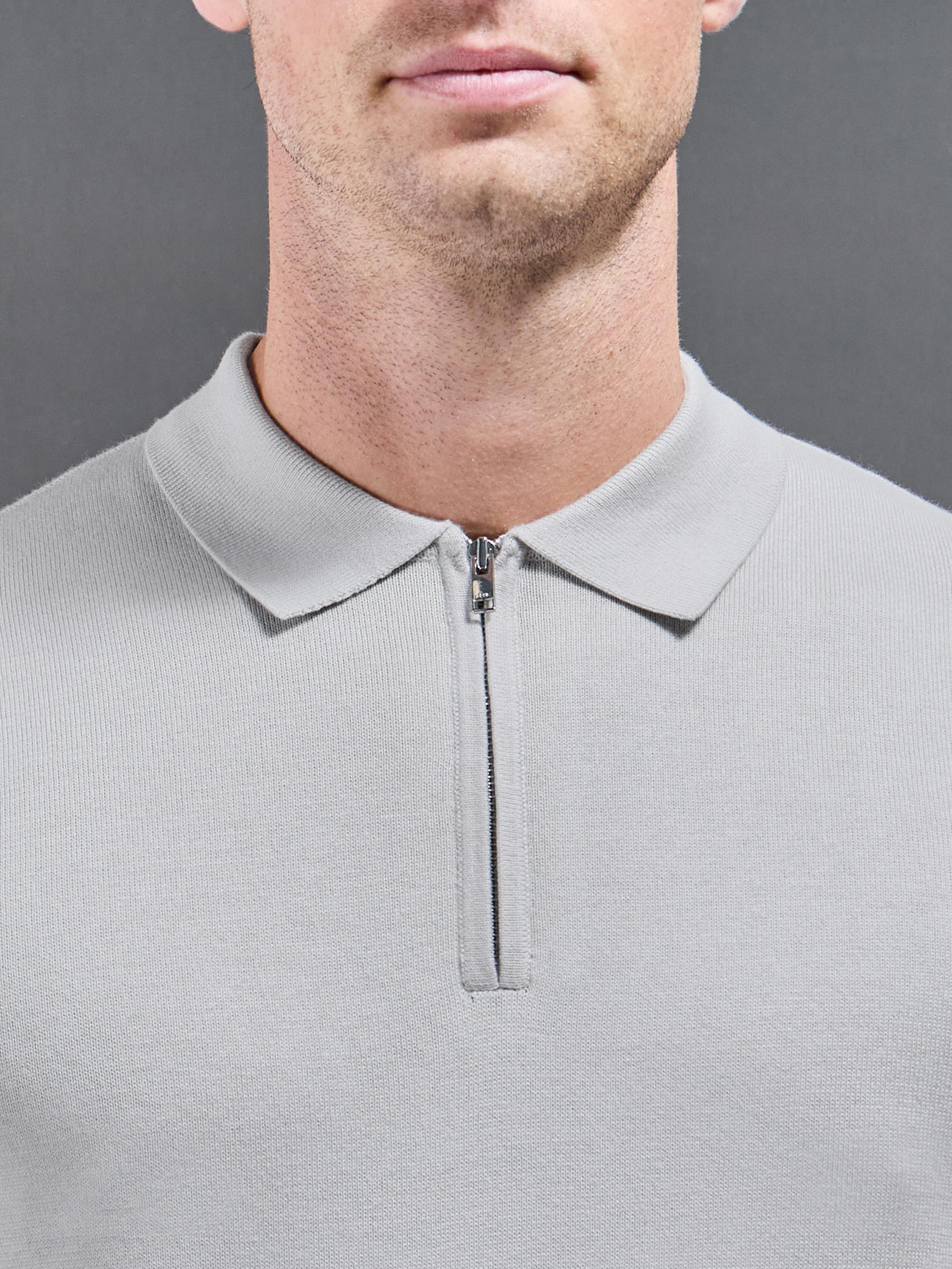 Cotton Knitted Zip Polo Shirt in Mid Grey