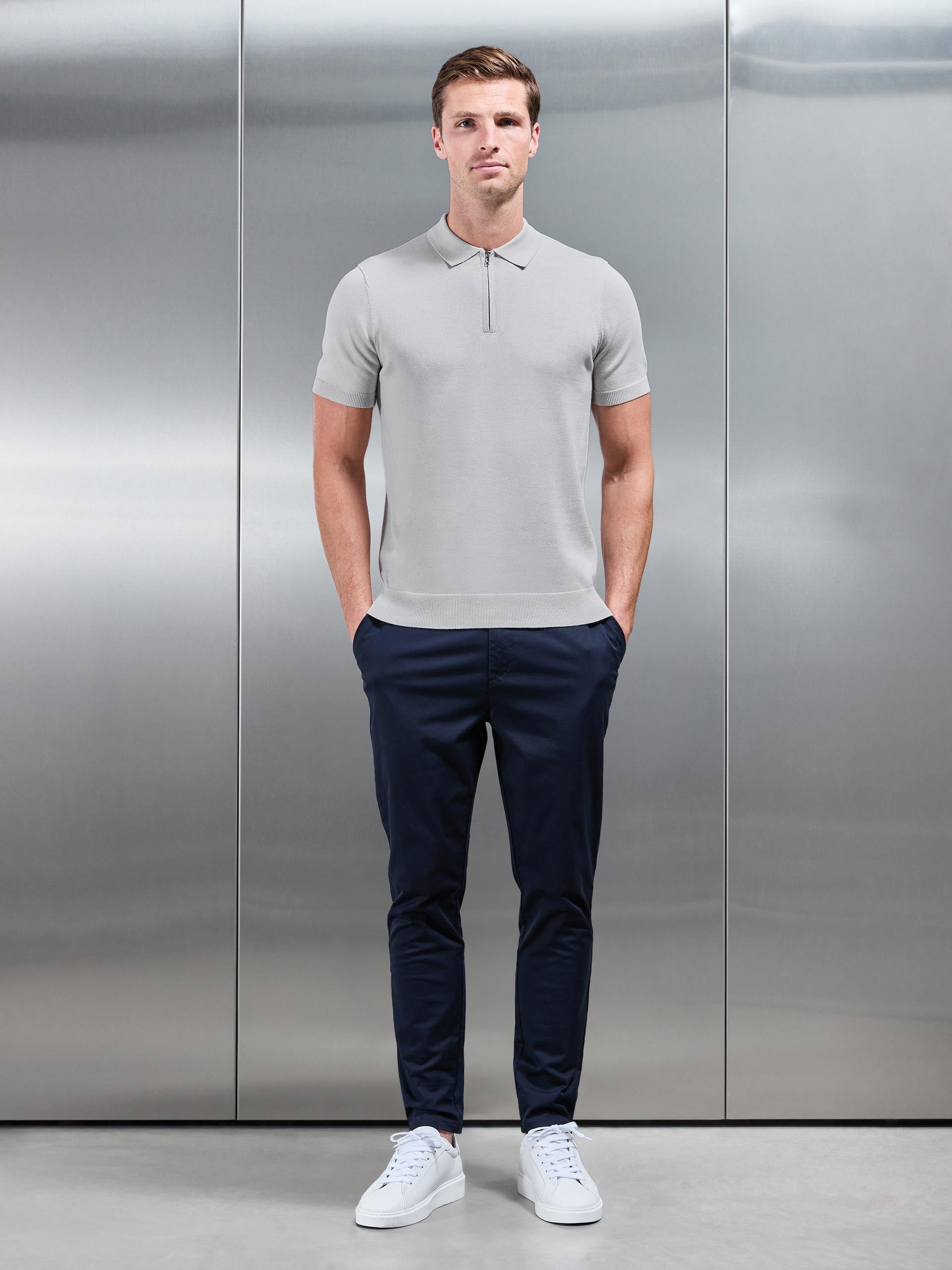 Cotton Knitted Zip Polo Shirt in Mid Grey
