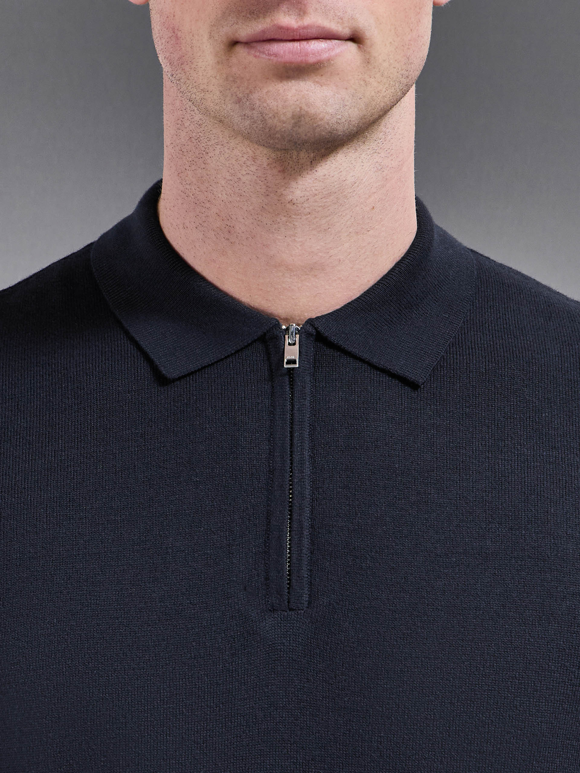 Cotton Knitted Zip Polo Shirt in Navy