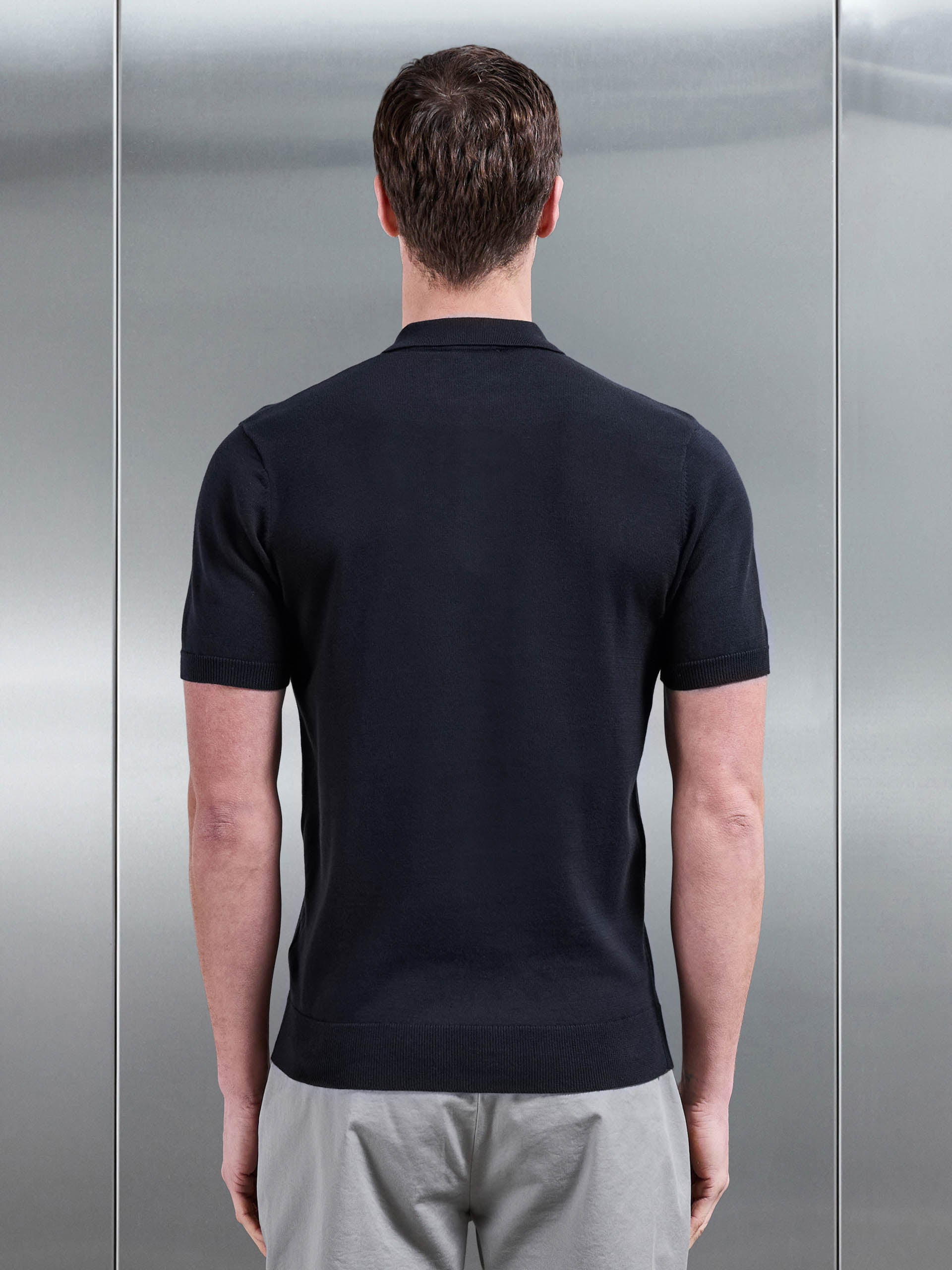 Cotton Knitted Zip Polo Shirt in Navy