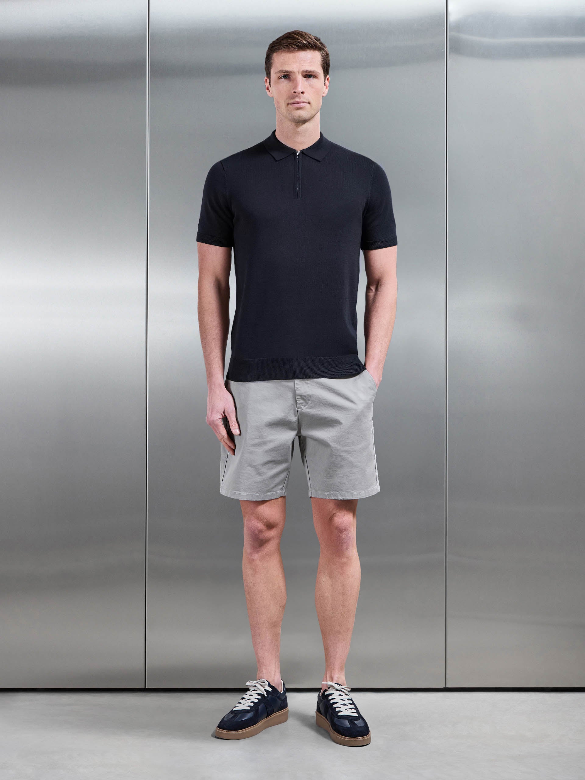 Cotton Knitted Zip Polo Shirt in Navy