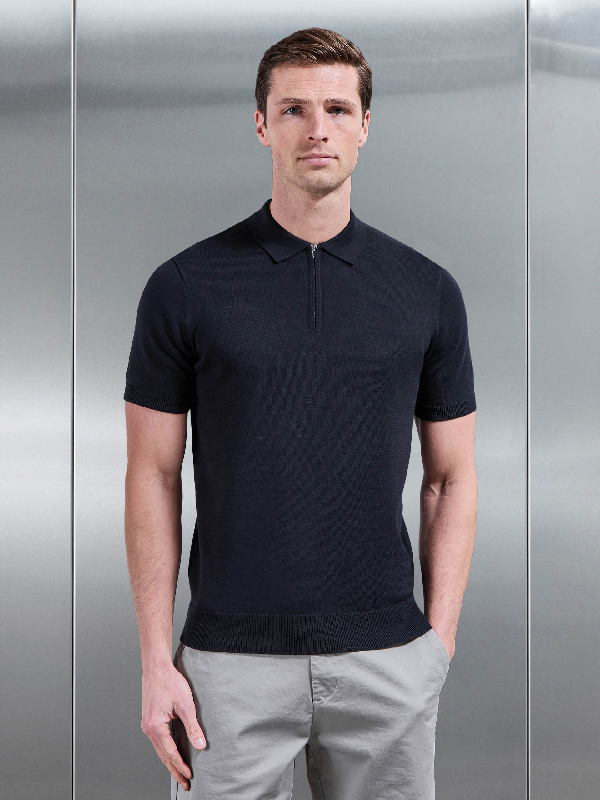 Cotton Knitted Zip Polo Shirt in Navy