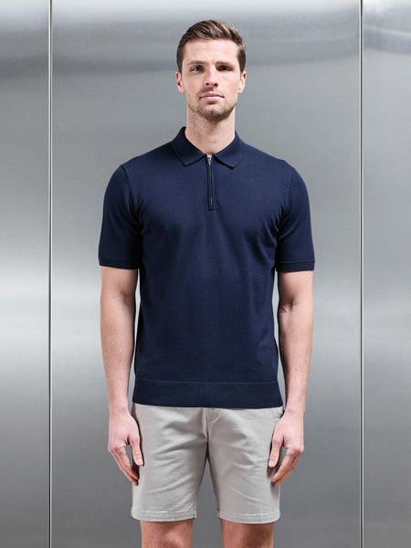Cotton Knitted Zip Polo Shirt in Navy