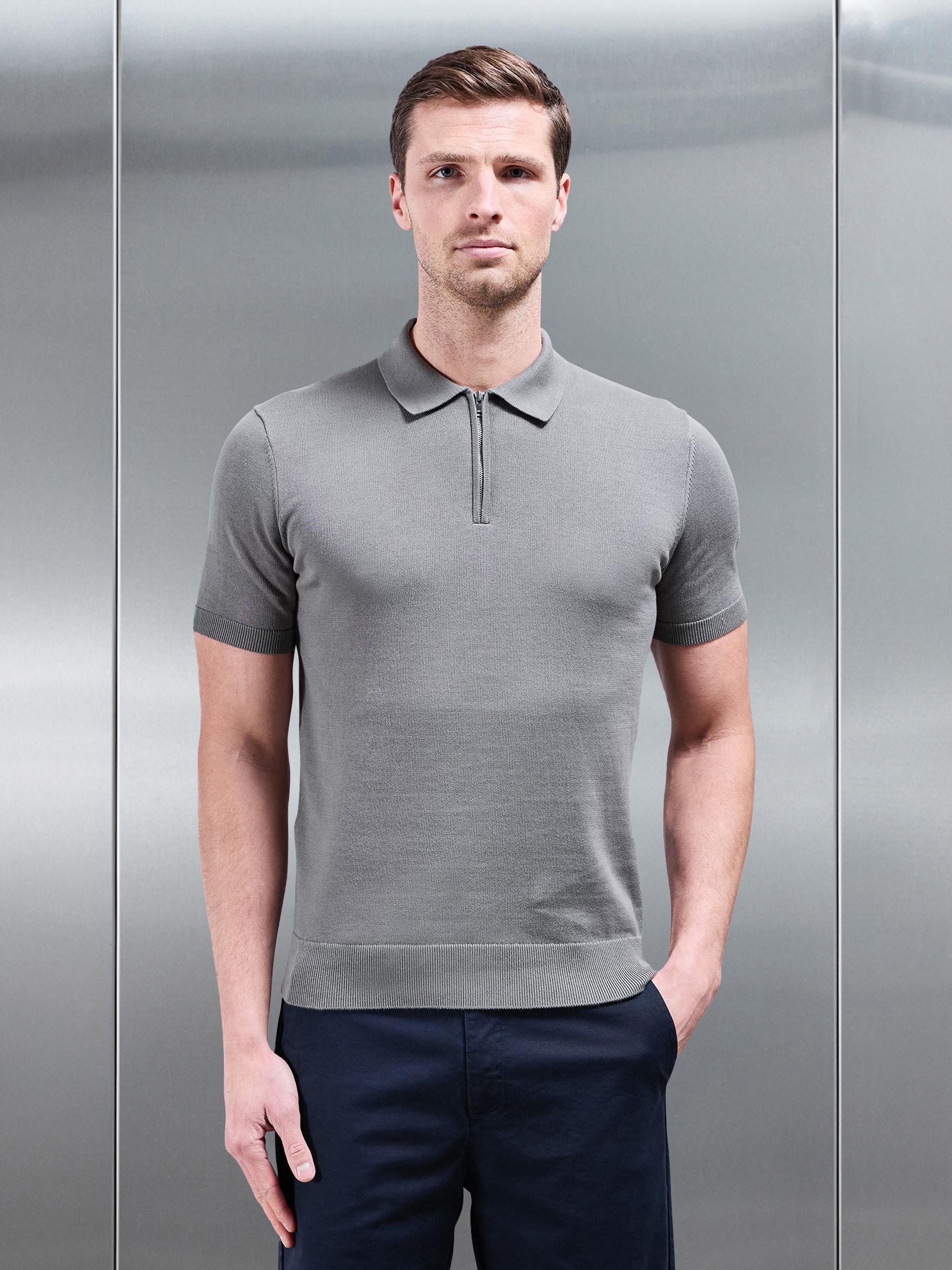 Cotton Knitted Zip Polo Shirt in Sage