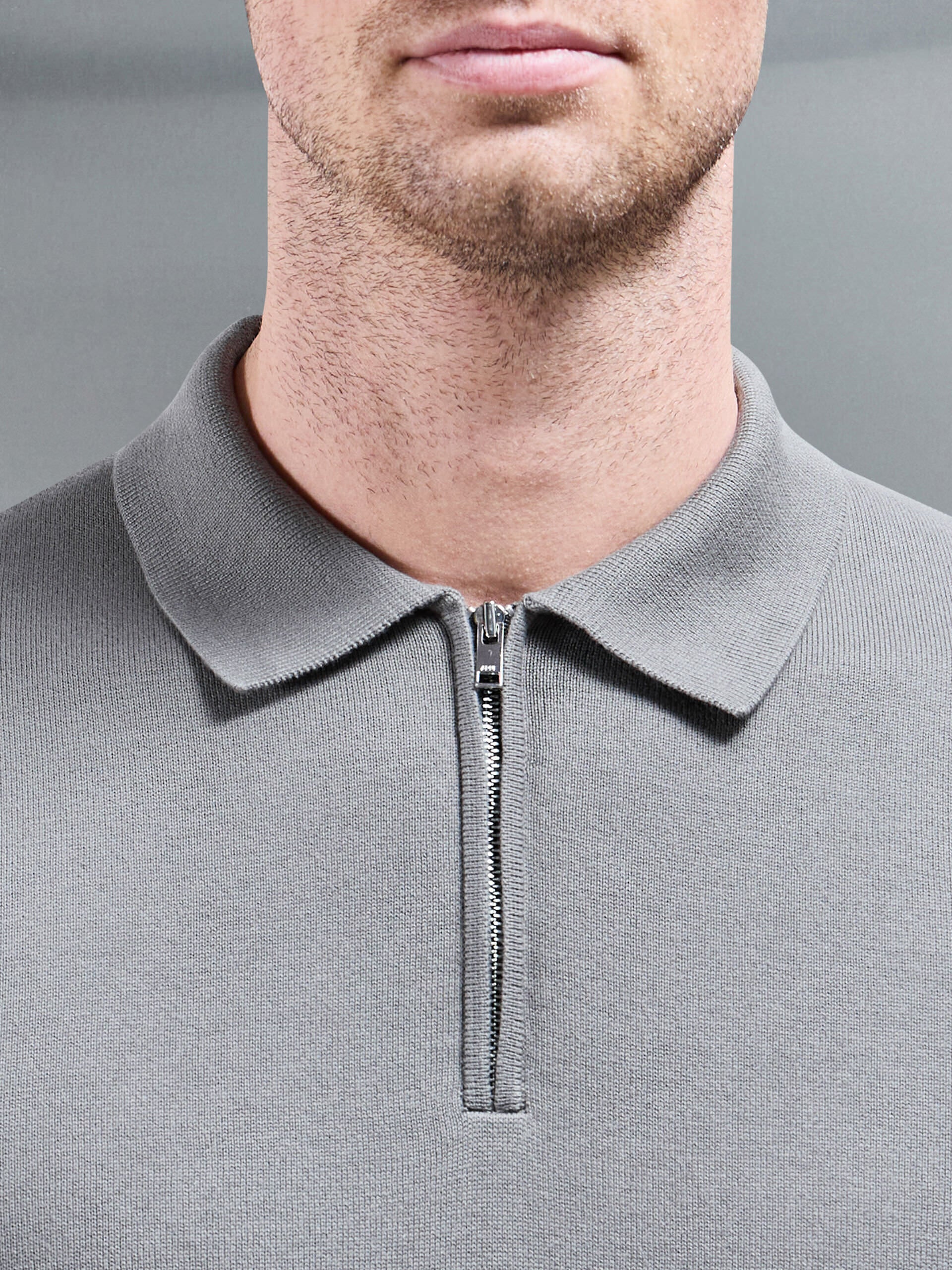 Cotton Knitted Zip Polo Shirt in Sage