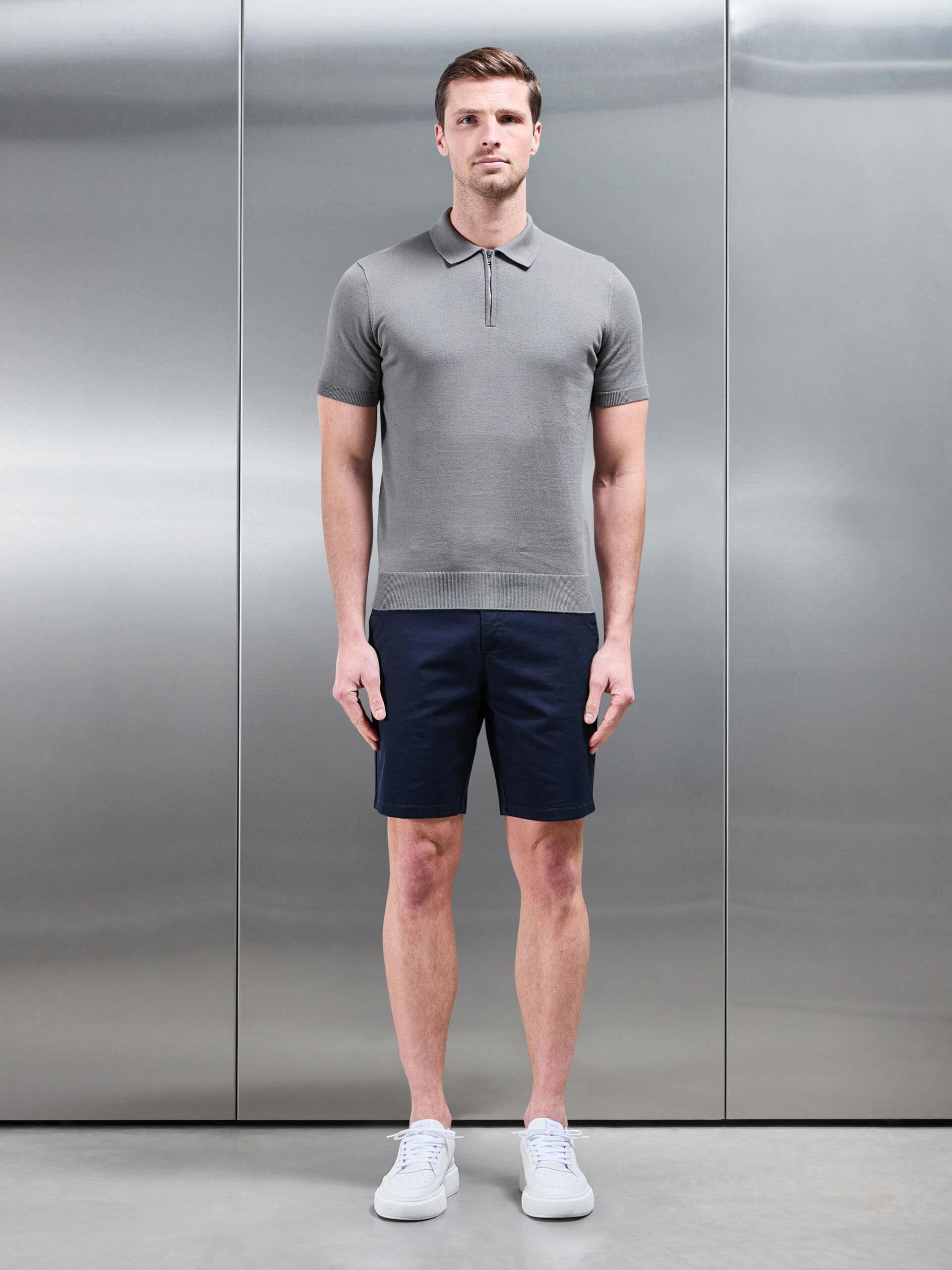 Cotton Knitted Zip Polo Shirt in Sage