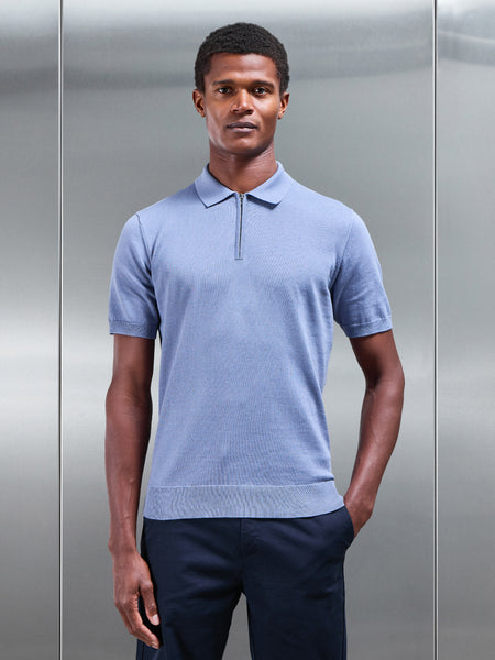 Cotton Knitted Zip Polo Shirt in Silk Blue