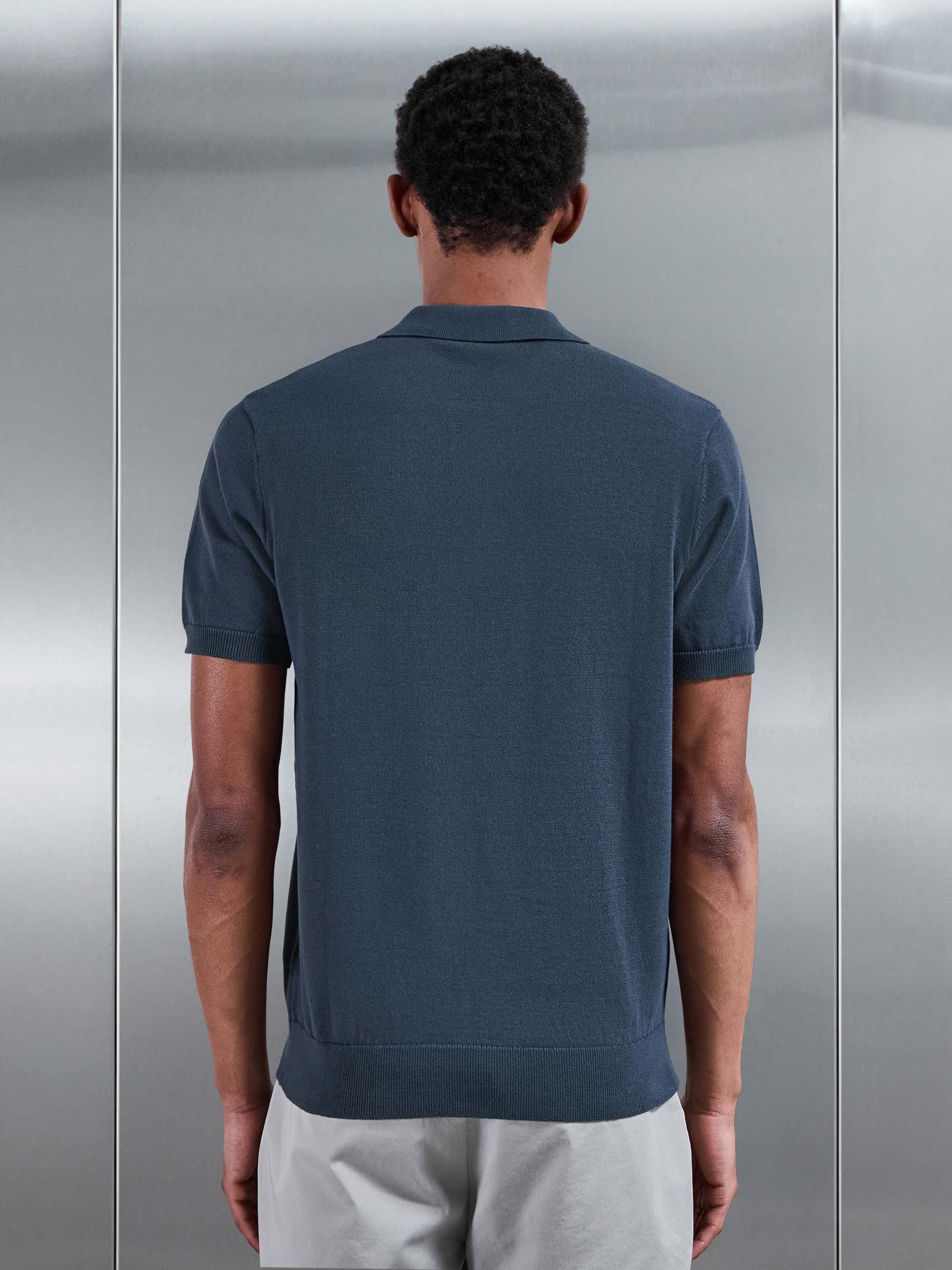 Cotton Knitted Zip Polo Shirt in Steel Blue