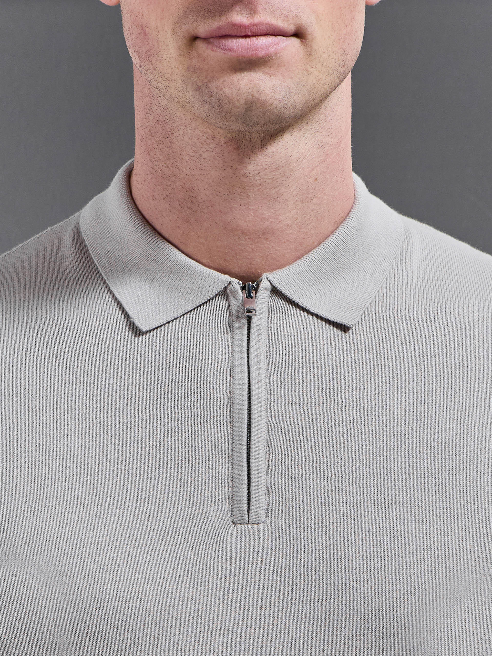 Cotton Knitted Zip Polo Shirt in Stone