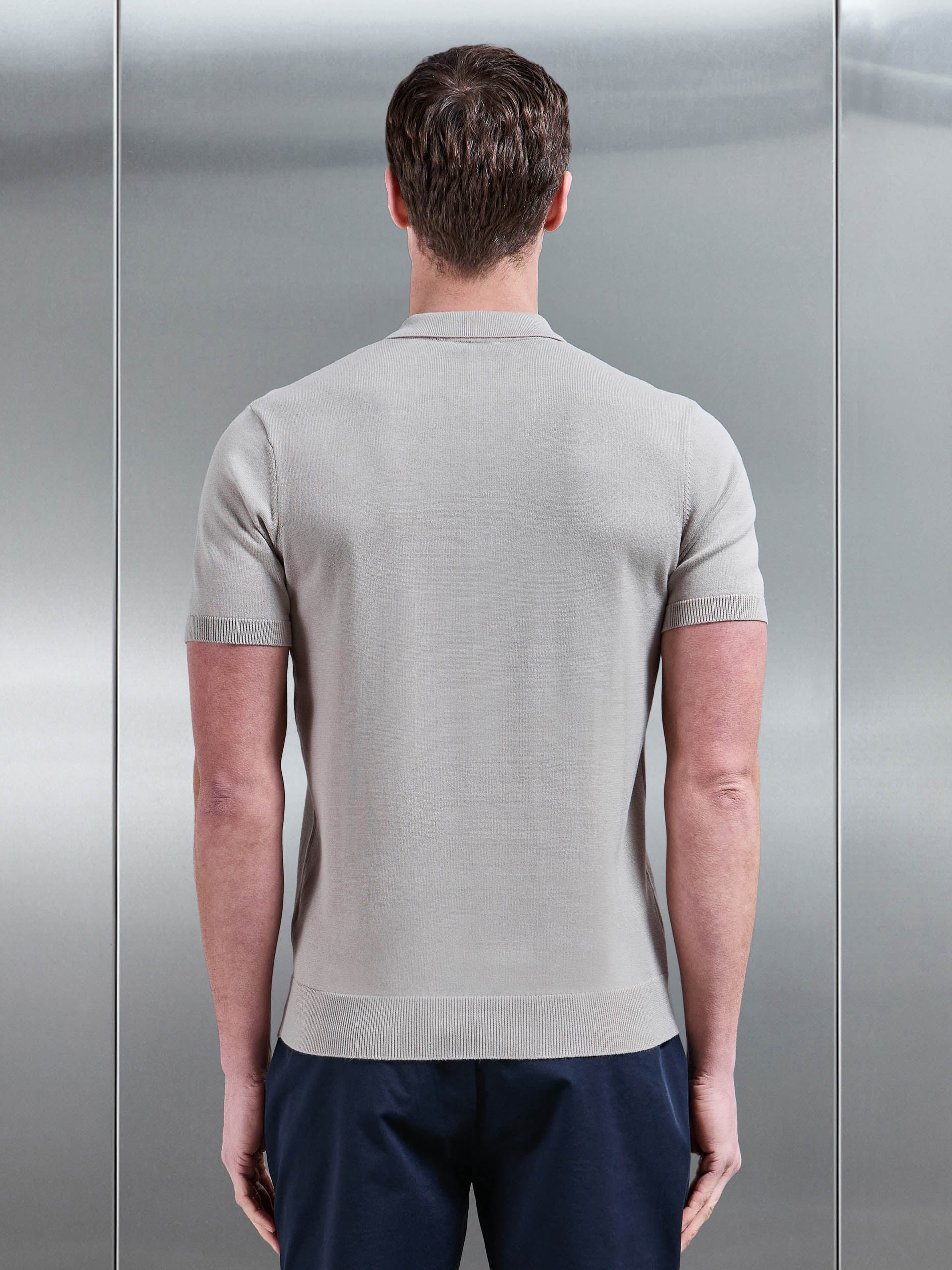 Cotton Knitted Zip Polo Shirt in Stone