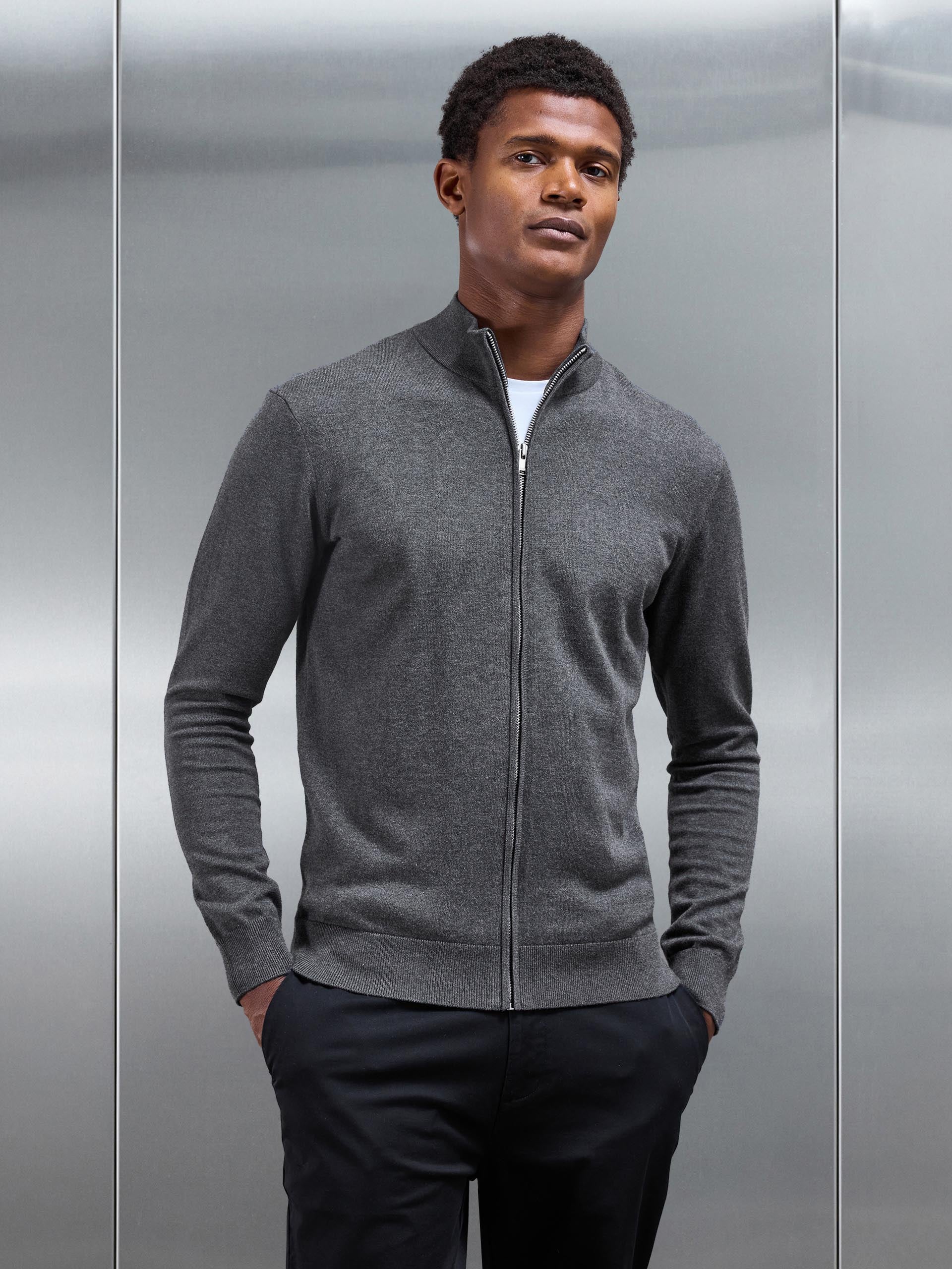 Cotton Knitted Zip Through Jacket in Charcoal Marl