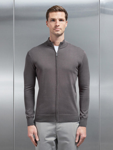 Cotton Knitted Zip Through Jacket in Grey