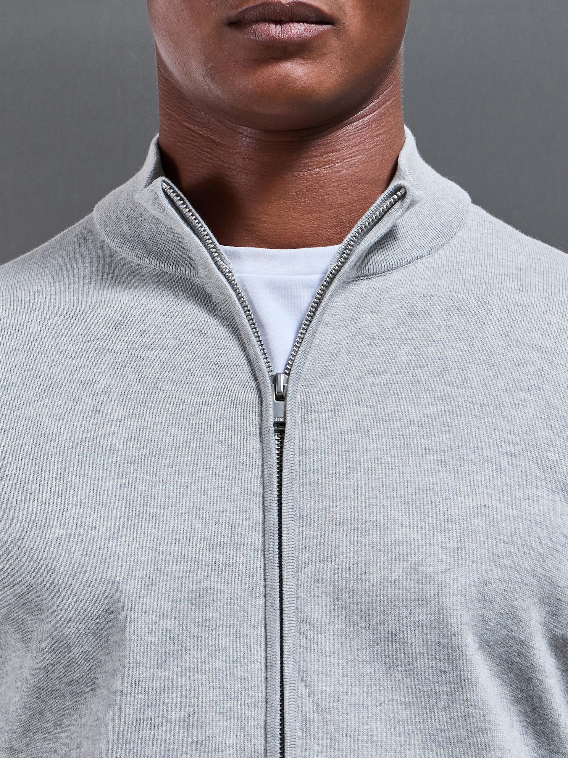 Cotton Knitted Zip Through Jacket In Marl Grey