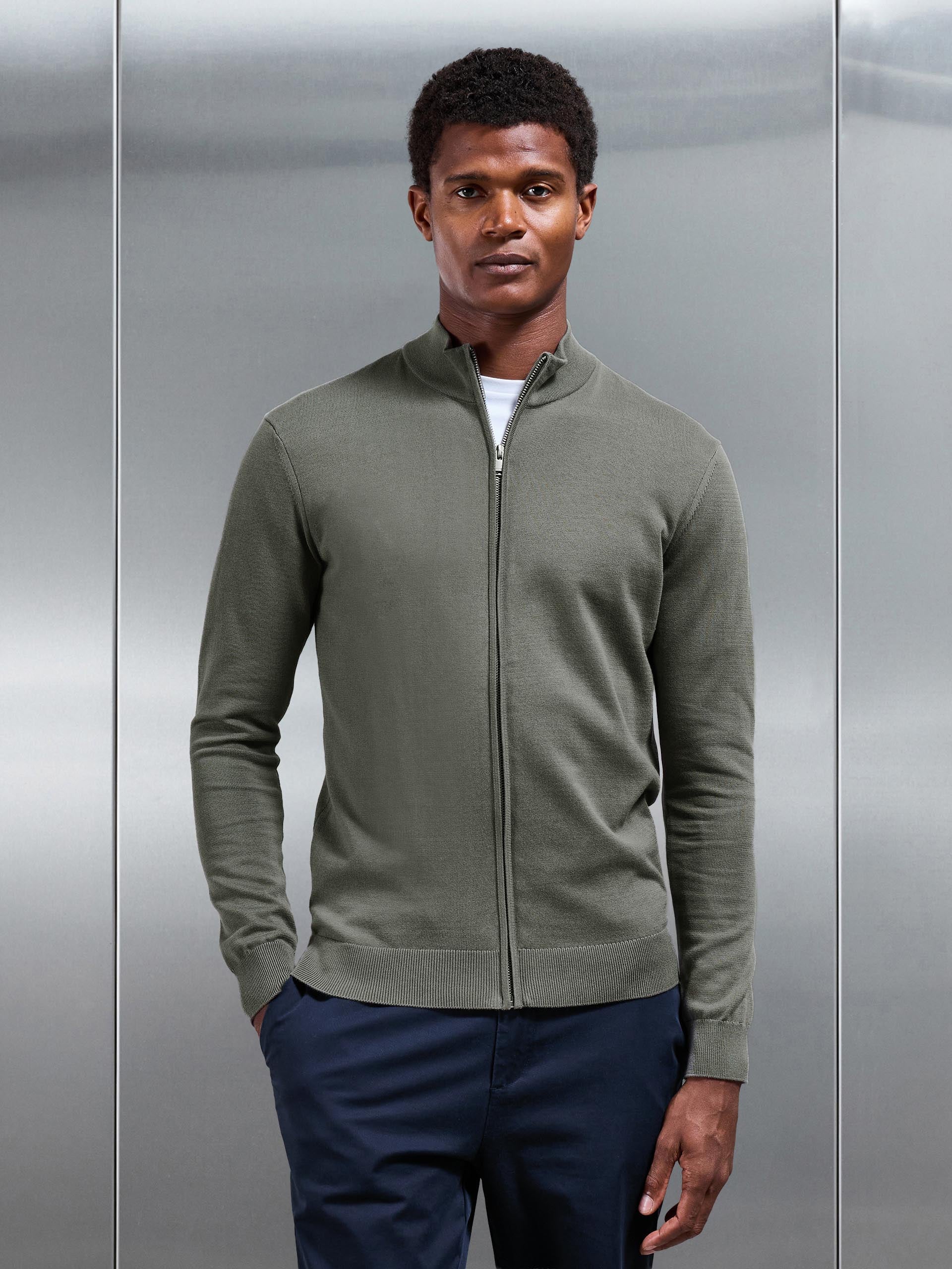 Cotton Knitted Zip Through Jacket in Sage