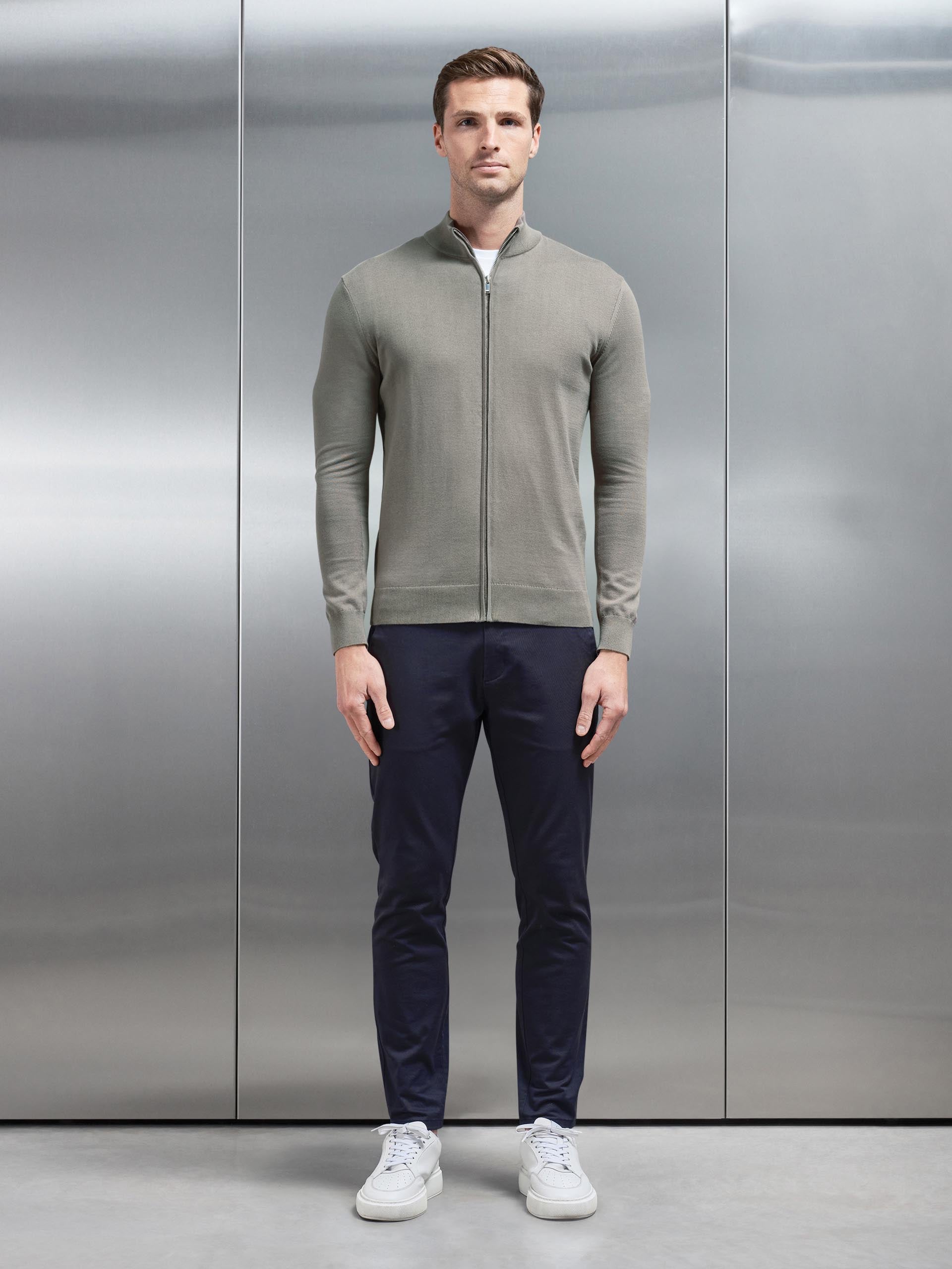 Cotton Knitted Zip Jacket in Sage