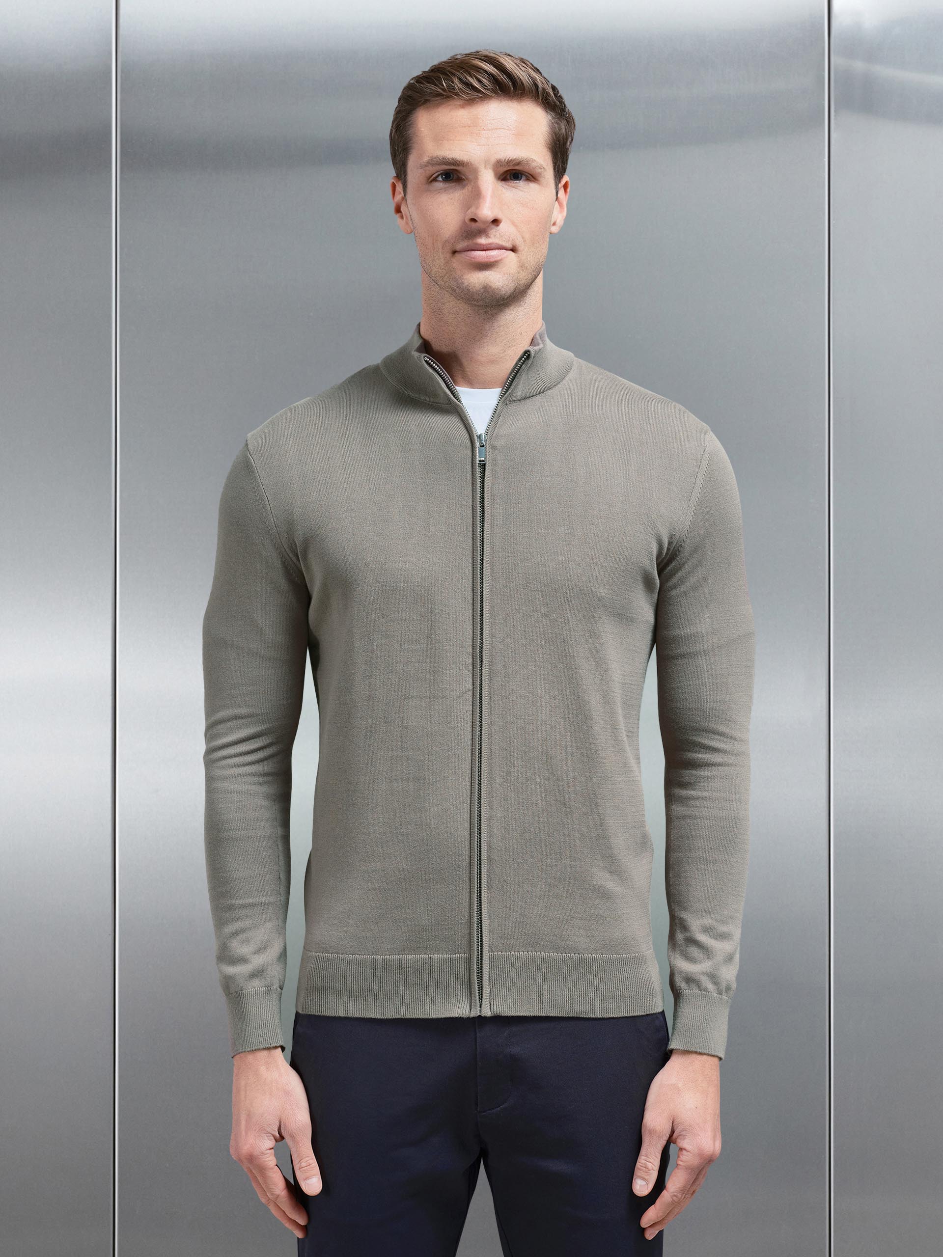 Cotton Knitted Zip Jacket in Sage