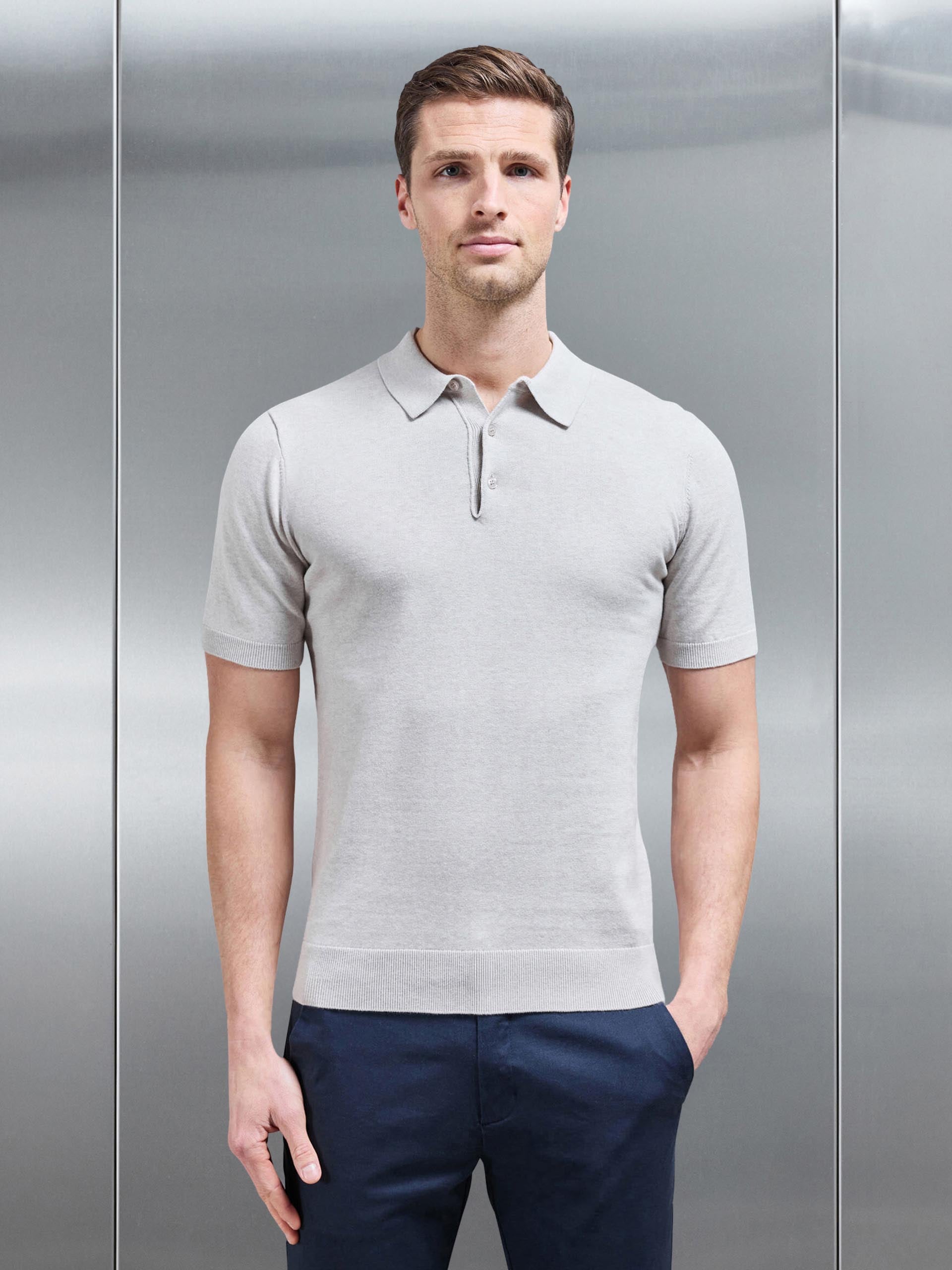 Cotton Knitted Button Polo Shirt in Oatmeal