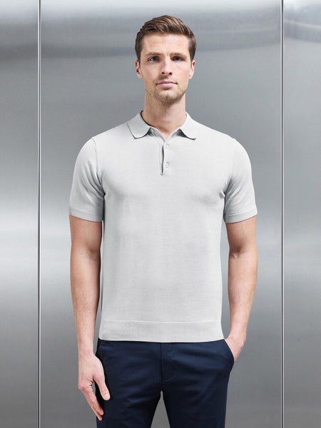 Cotton Knitted Button Polo Shirt in Mid Grey