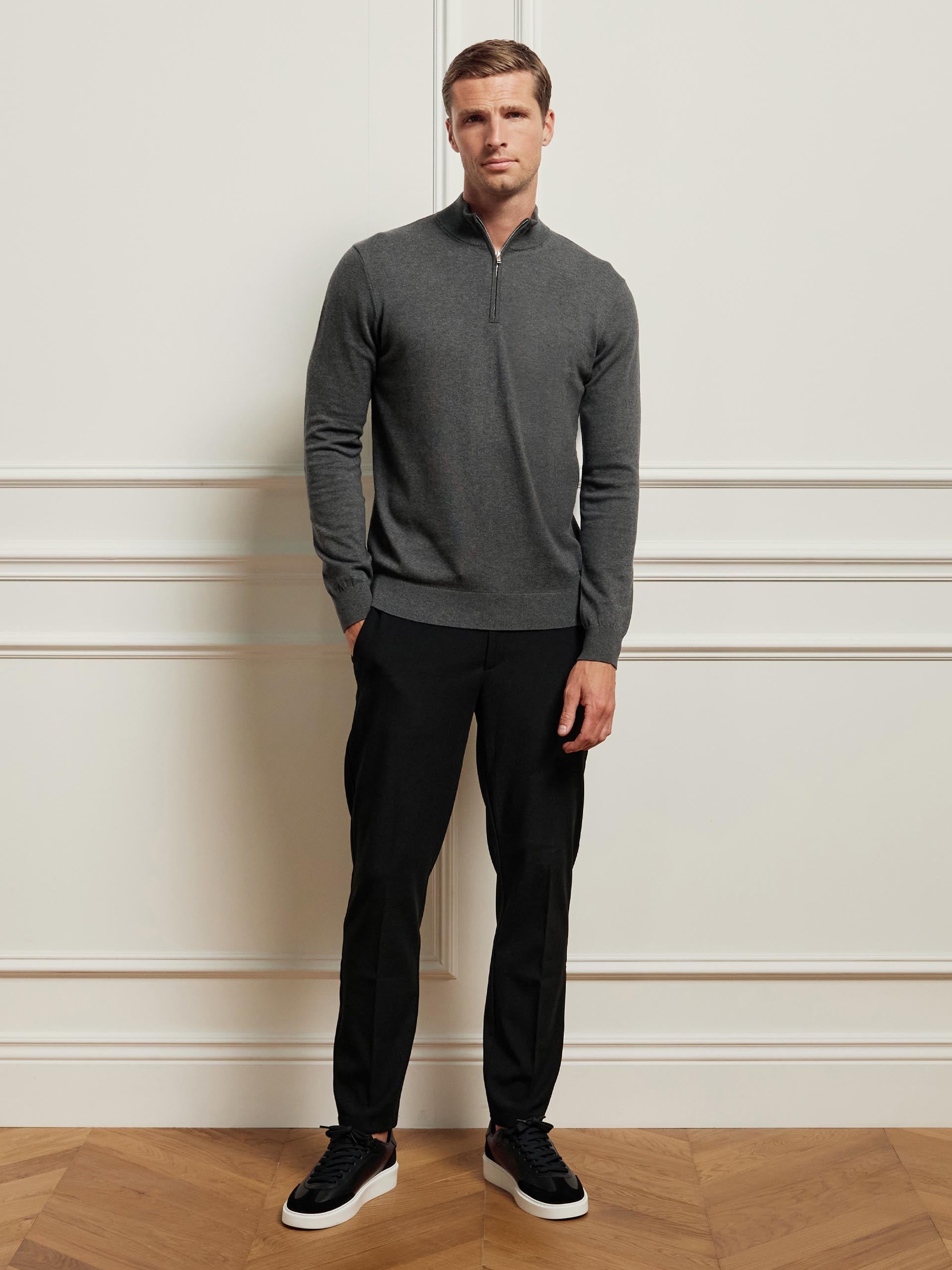 Cotton Knitted Half Zip Funnel Neck Jumper in Charcoal Marl