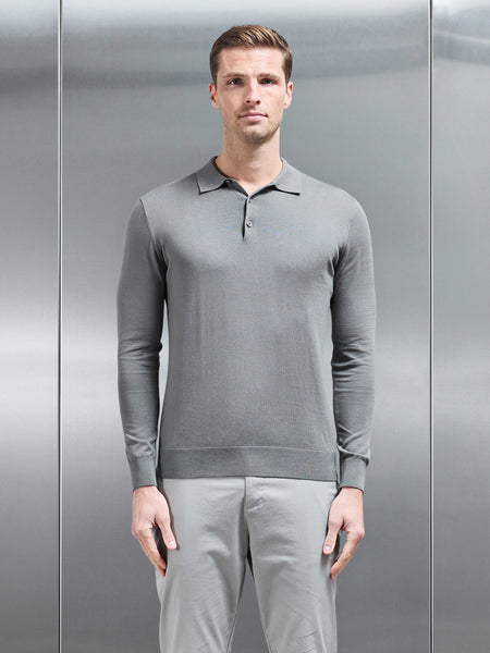 Cotton and Silk Long Sleeve Button Polo Shirt in Sage