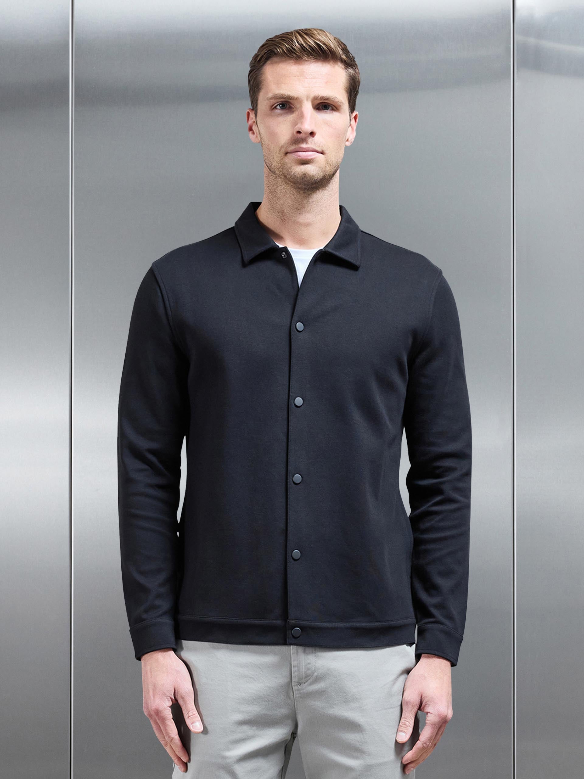 Cotton Jersey Popper Overshirt in Black