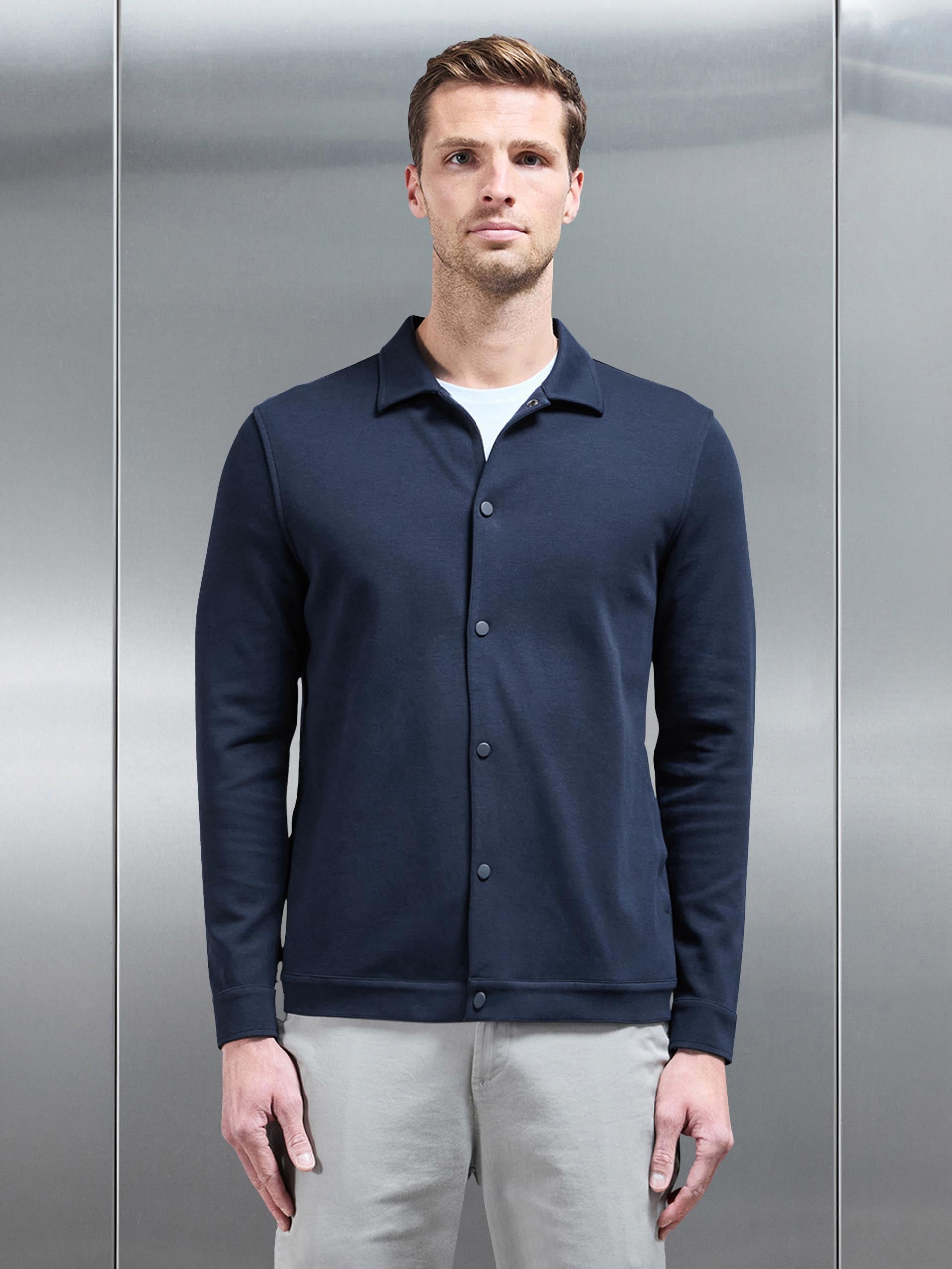 Cotton Jersey Popper Overshirt in Navy