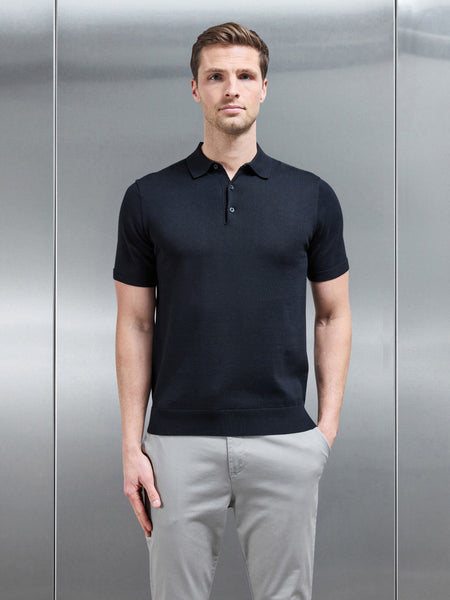 Cotton Knitted Button Polo Shirt in Black